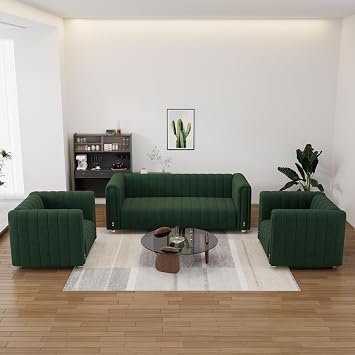 Tufted Couch Chesterfield Velvet Sofa Upholstered 81" W 3-Seater Comfy Sofa for Living Room, Bedroom, Office, Apartment Green 3pcs