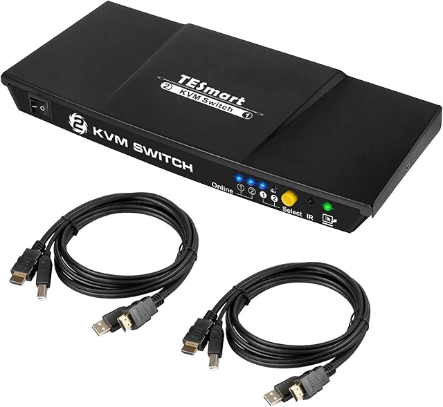 TESmart 2 Port HDMI KVM Switch 4K Ultra HD 3840x2160@30Hz | 2x1 KVM Switcher 2 PC 1 Monitor with 2x1.5m KVM Cables Supports USB 2.0 Devices Controls up to 2 Computers/Servers/DVR-Matte Black