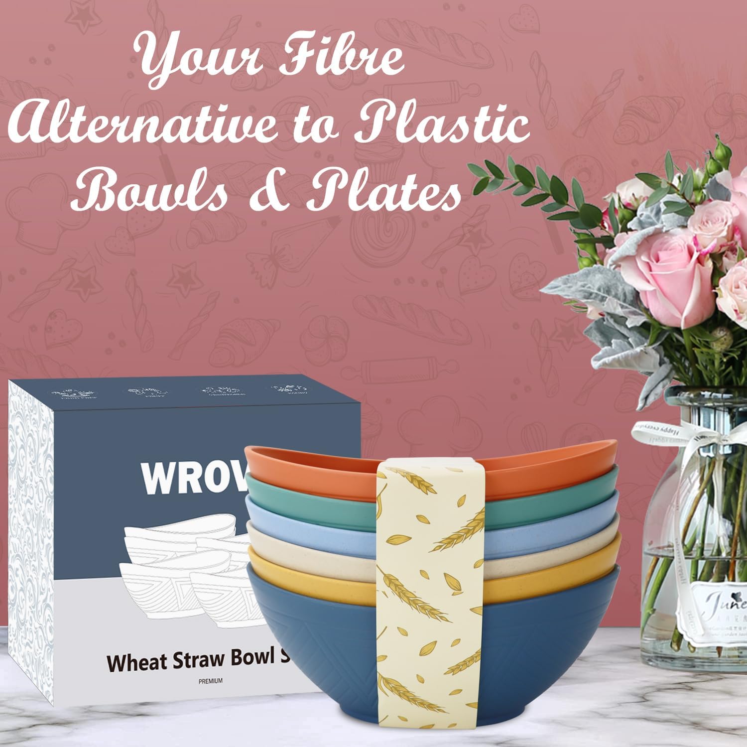 Wrova 65oz Big Salad Bowls - Large Wheat Straw Bowls set of 6 - Unbreakable Serving Bowls - Microwave & Dishwasher Safe Bowl for Cereal,Salad - Vibrant Series - Image 5