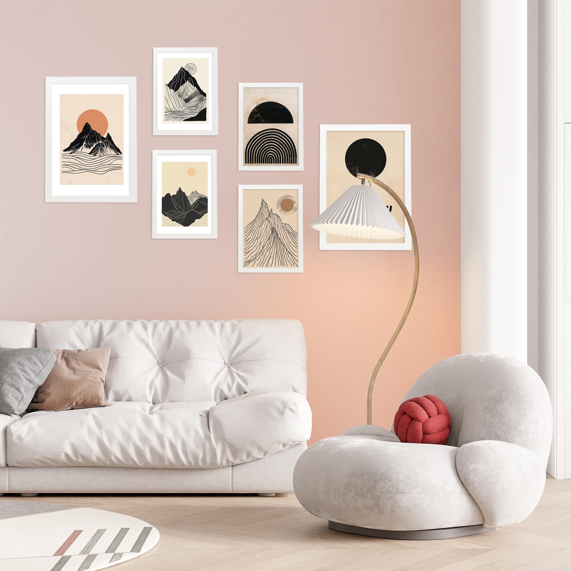 Nacnic Lot De 6 Peinture Décorative Montagnes Géométriques, Tons Vintage Marron, Noir Et Terre Feuille Encadrée Avec Illustration Design Pour Décorer Les Murs De Maison Bureau A3 & A4 Cadre Blanc