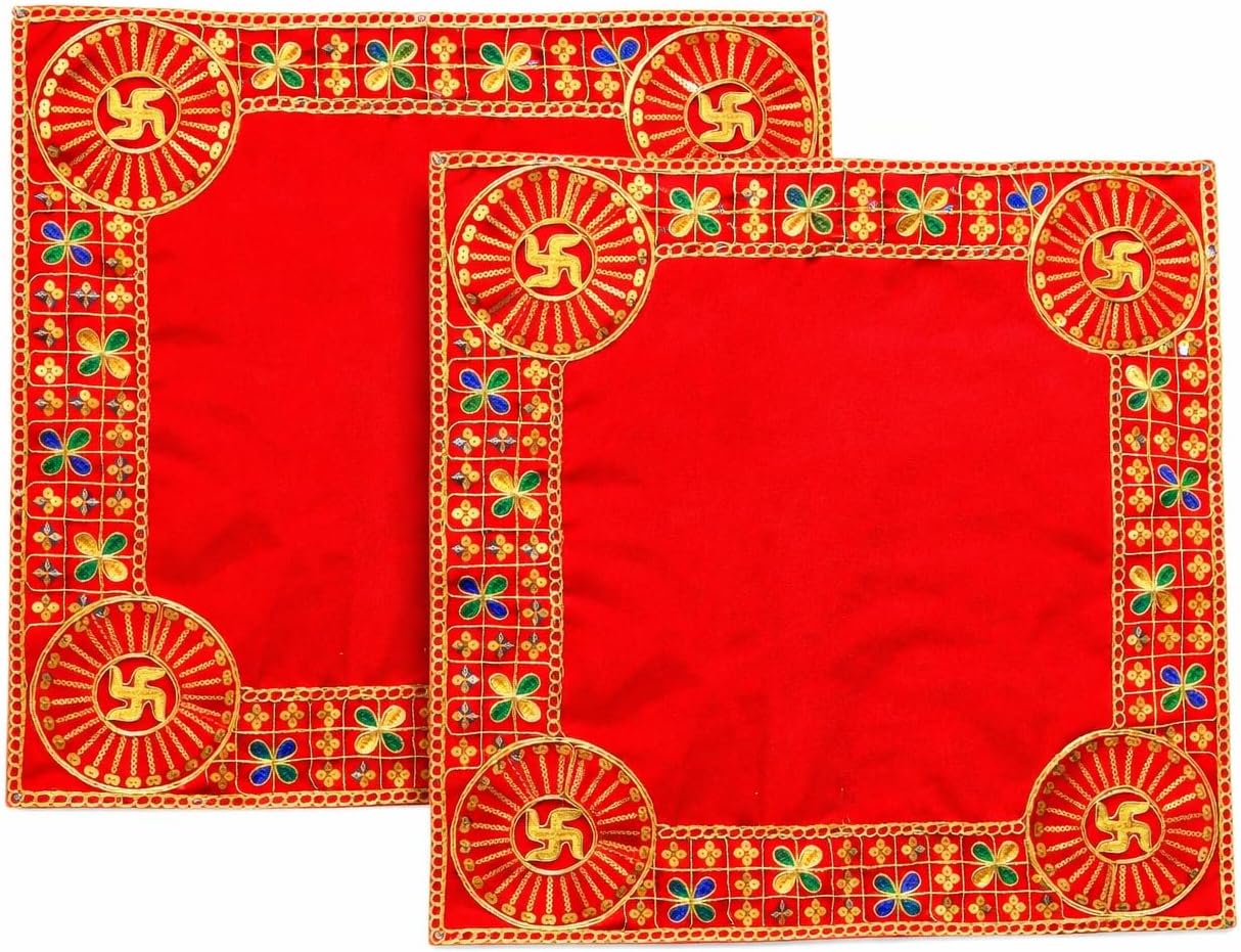 Swastik Design Red Velvet Pooja Aasan Cloth/Pooja Aasan Kapda/Embroidered Puja Chowki Cloth for Home Mandir, Temple, God & Goddess Assan (Size: 15" X 15" Inch) (Pack of 2)