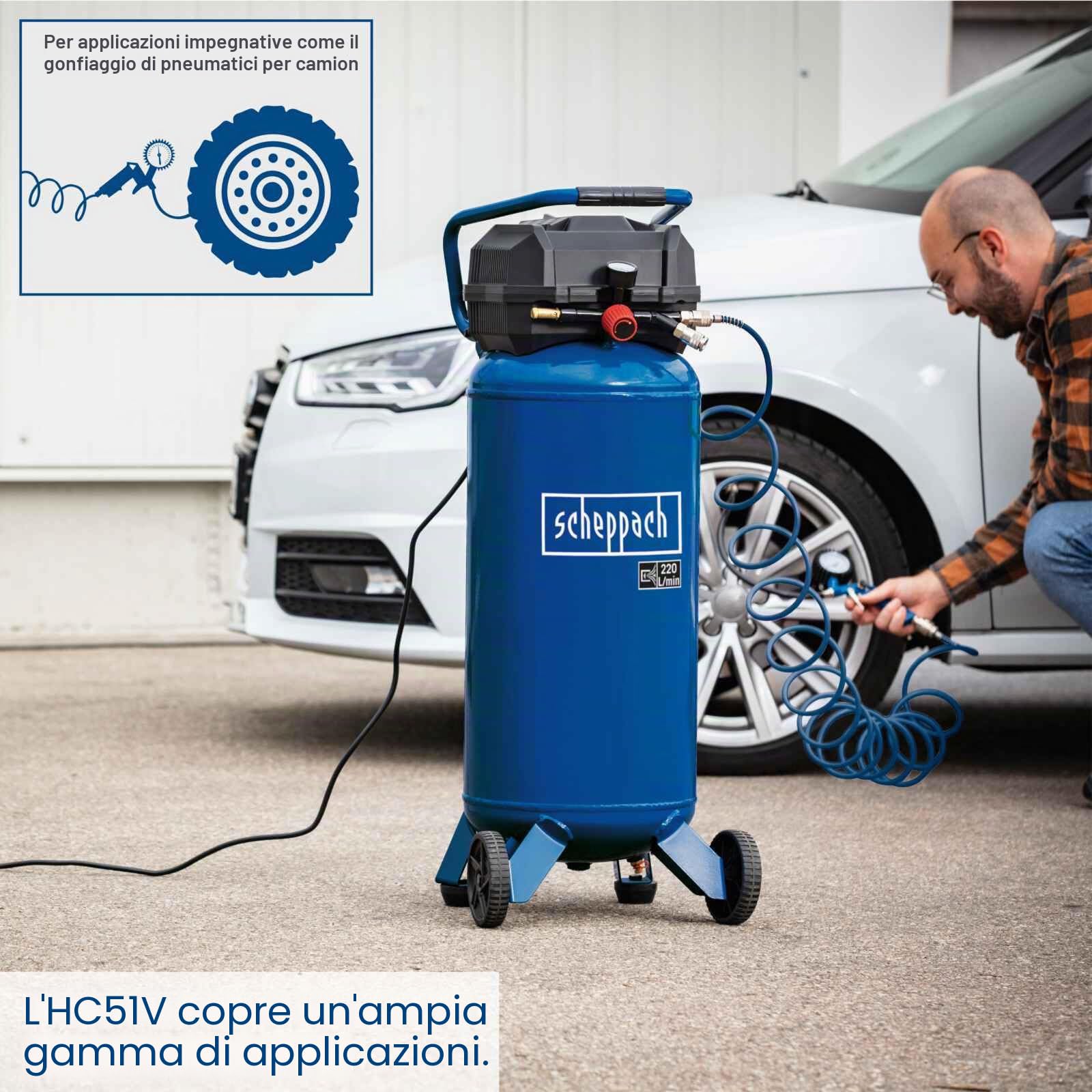 Scheppach Compressore d'aria compressa HC51 V, 1500 W, con pressione 10 bar, caldaia da 50 l, potenza di aspirazione 220 l/min | senza olio/bassa manutenzione | riduttore di pressione, dispositivo di