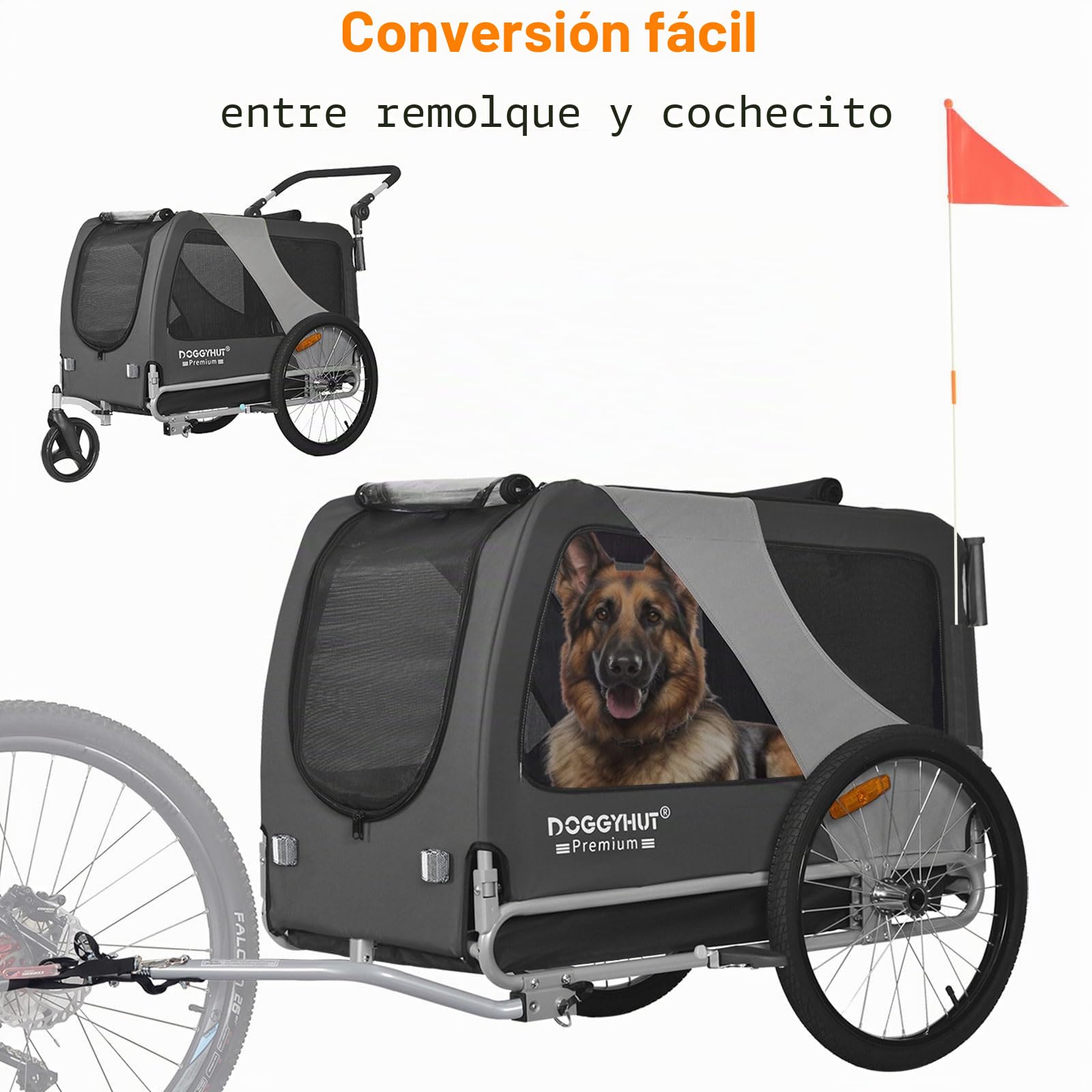 DOGGYHUT® Premium XL 2 en 1 Remolque de bicicleta para perros y corredores, 23 – 45 kg, remolque de bicicleta para perros, para bicicleta 80106 (gris)