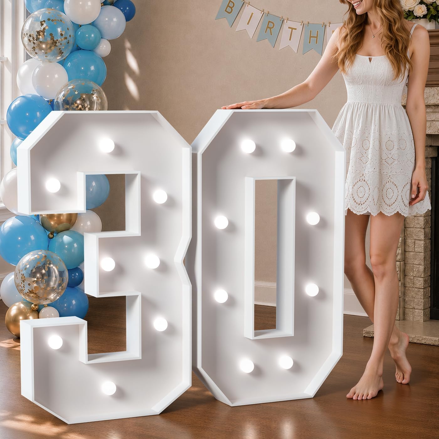 Marquee Numbers 3 Feet Tall Big Light Up Numbers 30th Birthday Decorations Women Men White Anniversary Party Decor Large Cardboard Prop Backdrop Sign 30