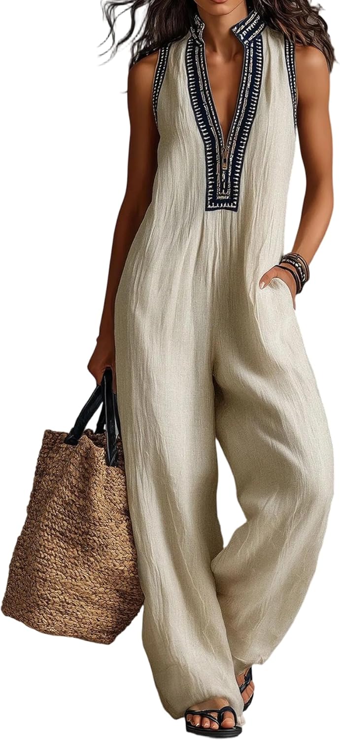 Famnbro Womens Sleeveless Linen Jumpsuits Mock Neck Zip Embroidery Wide Leg Romper Casual Summer Vacation Party Outfit