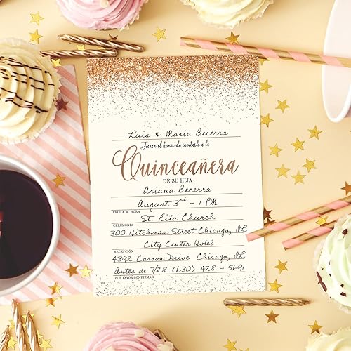 Miniatura 4 de Quinceanera Tarjetas De Invitaciones  25 tarjetas planas con purpurina sintética con sobres blancos  5 x 7 pulgadas 15 cumpleaños Mis Quince Anos