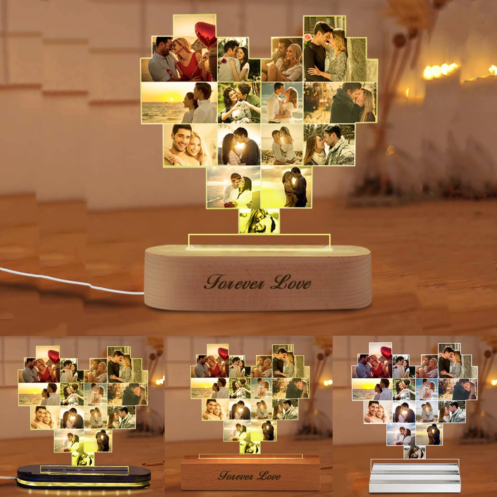 Personalized Heart Photo Collage Acrylic Night Light Custom 1-20 Picture LED Lamp 2024 Valentine's Day Wedding Anniversary Home Decor Gift for Lover Family Girlfriend Newlywed Dad Mom