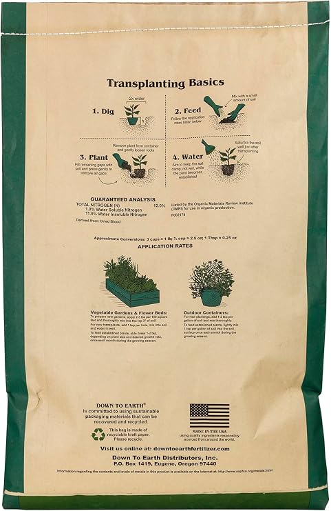 Down To Earth All Natural Fertilizers Organic Blood Meal - 12-0-0, 20 lb | High Nitrogen Plant Food for Green Growth, Vegetable Gardens, Corn, Broccoli, Cauliflower, Heavy Feeding Vegetables