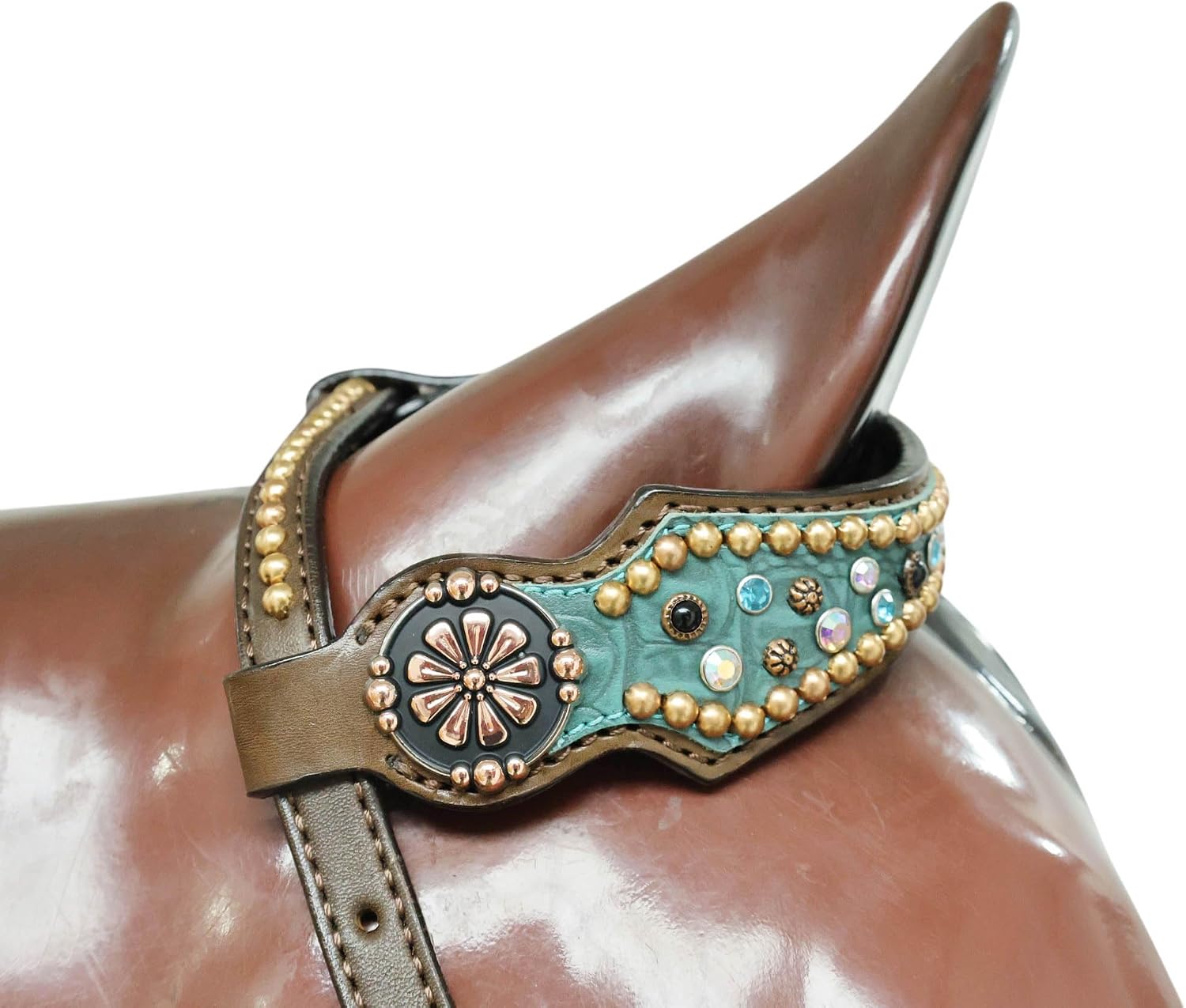 Western Headstall and Breast Collar Tack Set | Turquoise AB Rhinestones, Copper Studs on Argentina Cow Leather | Durable & Stylish Equestrian Gear