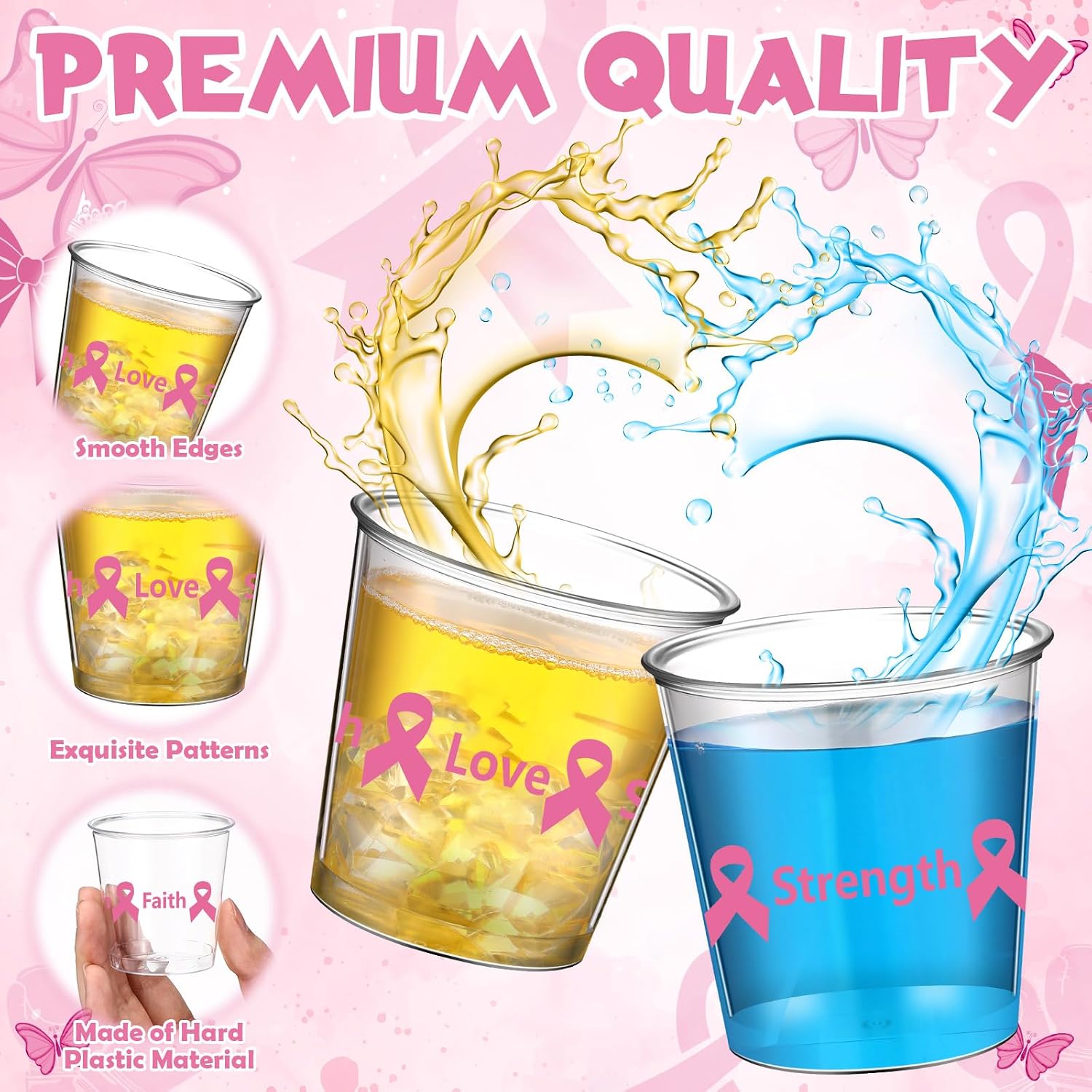 Nuogo 100 Pcs Breast Cancer Party Favors for Guest 2.87 oz Pink Ribbon Shot Glasses Bulk Disposable Plastic Mini Cups Breast Cancer Awareness Fundraiser Survivor Gift for Charity Community