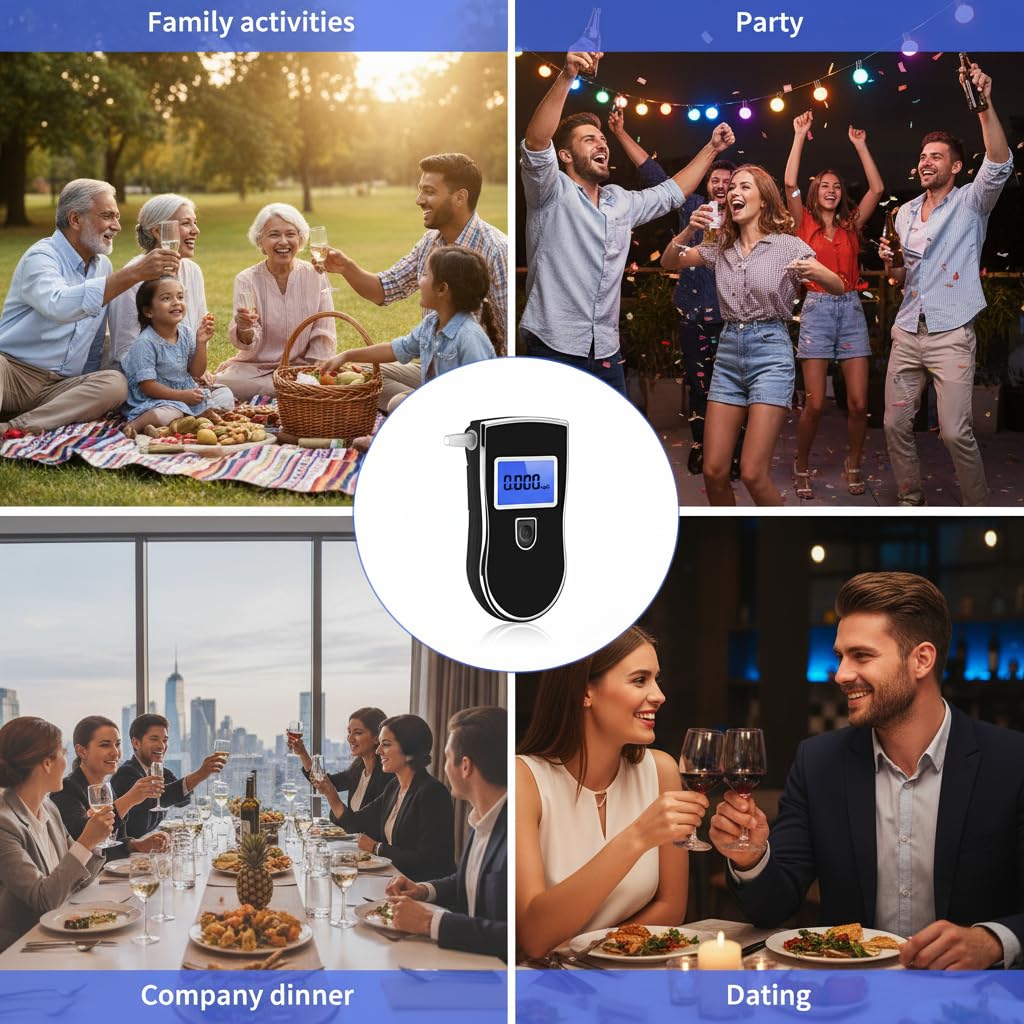 Alkoholtester Digital mit LCD Display, Tragbarer Atemalkoholtester mit Halbleiter-Sensor, Schnelles Alkoholmessgerät mit 20 Mundstücken, Kompakter Promille Tester für Zuhause und unterwegs