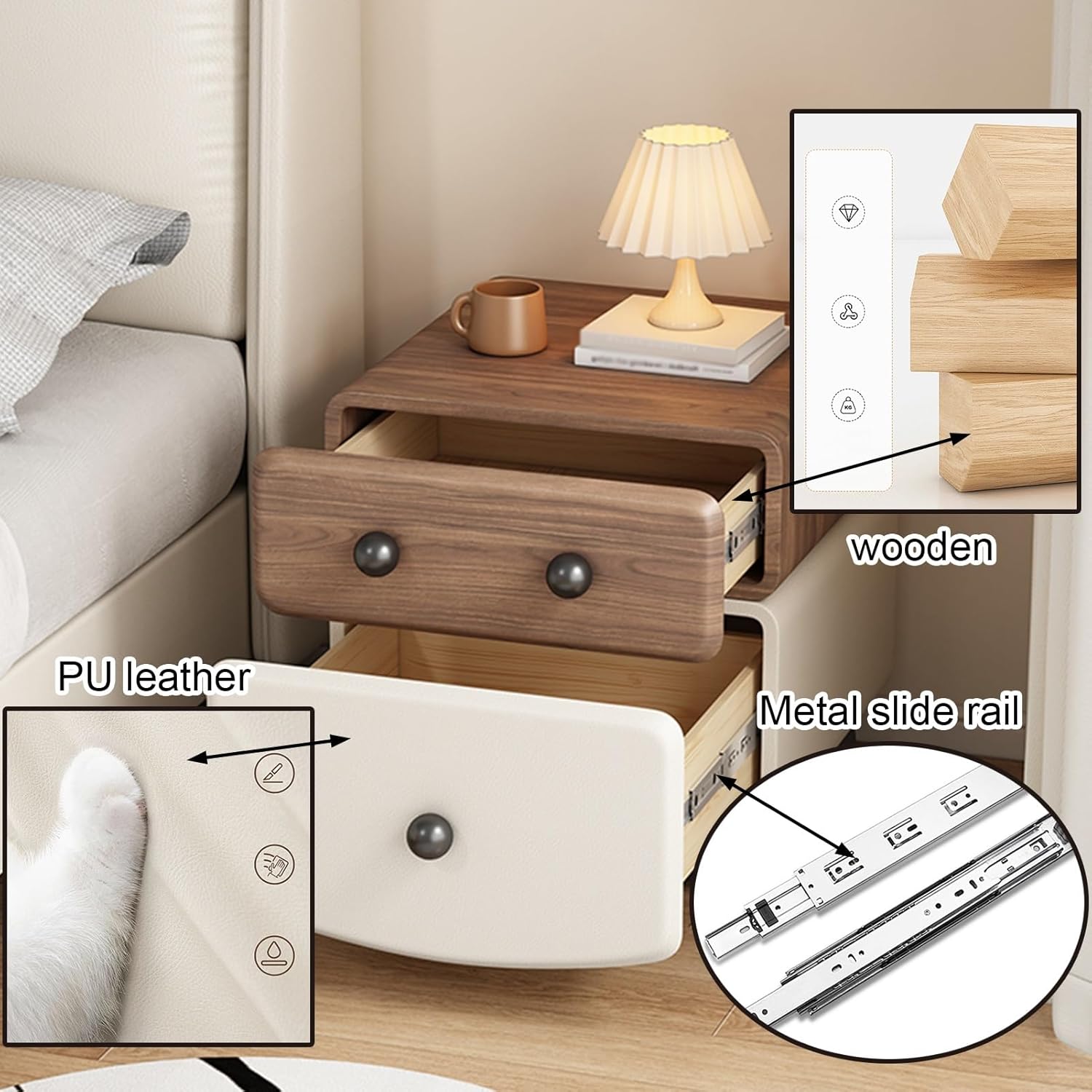 LYXWGRZD 木製ナイトスタンド、ベッドエンドテーブル、縁が高くなった