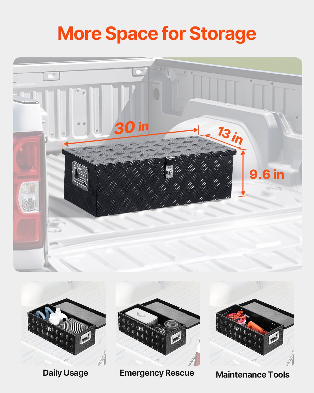VEVOR Caja de Herramientas de Aluminio Resistente para Caja de Camioneta, con Diseño a Rayas, Asa Lateral y Llaves Seguridad, a Remolque, Camioneta, Autocaravana, 762 x 330,2 x 243,84 mm, Negro