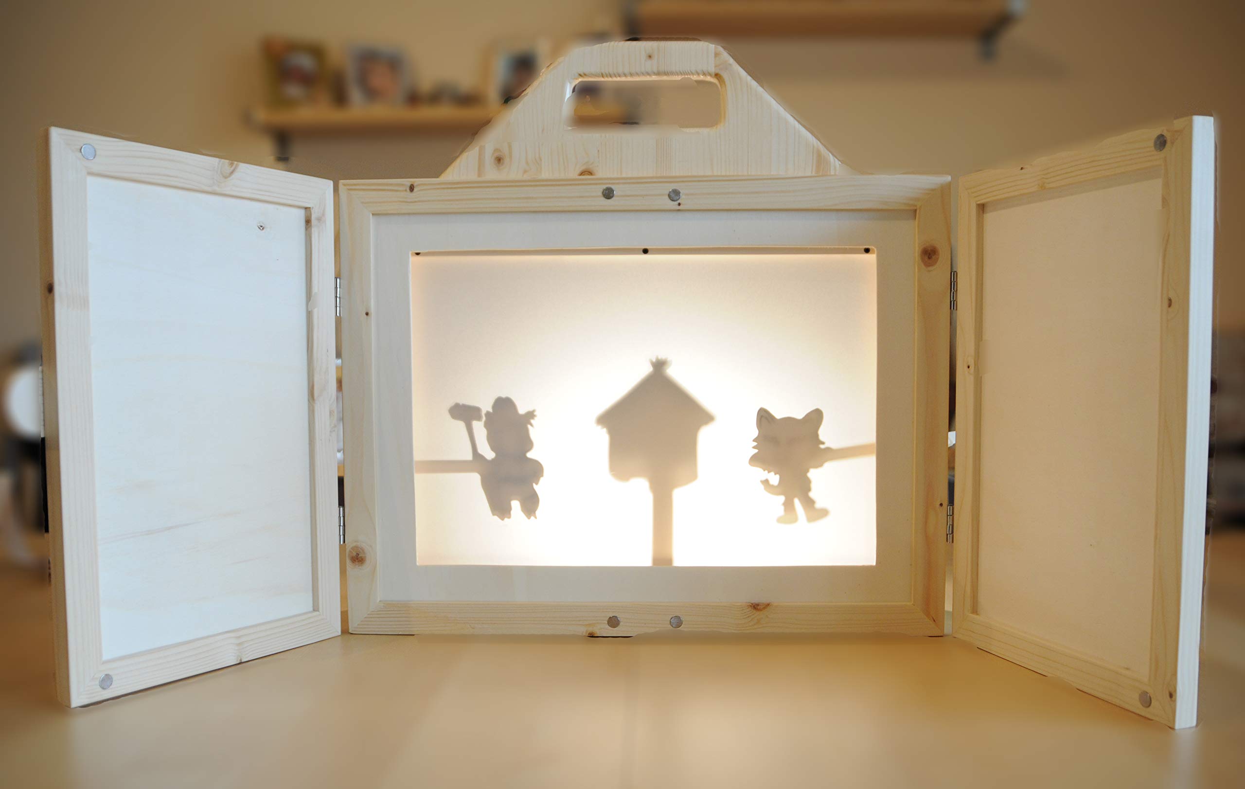 Teatro de madera hecho a mano, juego portátil para niños. Kamishibai. Teatro de Sombras Japonés + Caja con Personajes, Marionetas de Madera "Fábula Los Tres Cerditos".