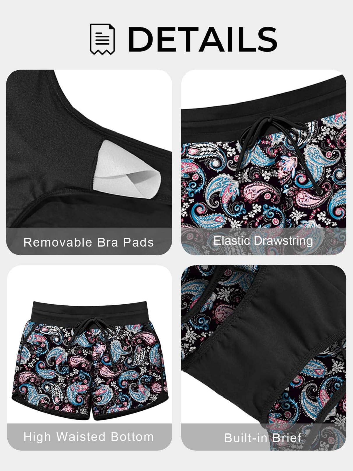 CheChury Tankini Set Taille Haute Maillot de Bain Deux Pièce Push Up Sexy Tankini Gainant Ventre Plat Maillot de Bain Femme 2 Pieces avec Short Grande Taille Maillots Deux Pièces Sport Bikini Set