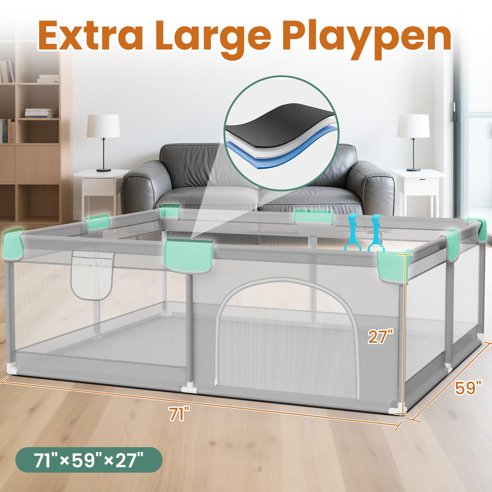 Omzer Baby Playpen 71x59inch - Large Playpen with Storage Bag & 50 Ocean Balls for Babies and Toddlers Safe Indoor Play Yards