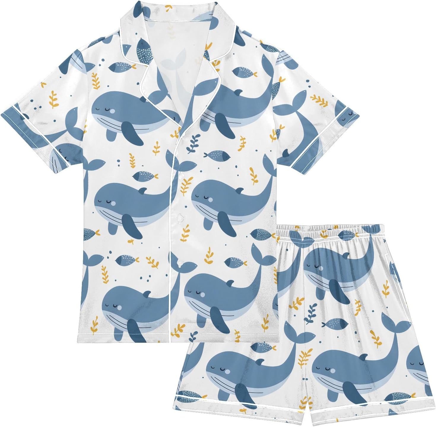 Kids Casual Satin Wear Set Pattern Of Happy Whale and Yellow Leaves Unisex Short Sleeve Clothing for Relaxing