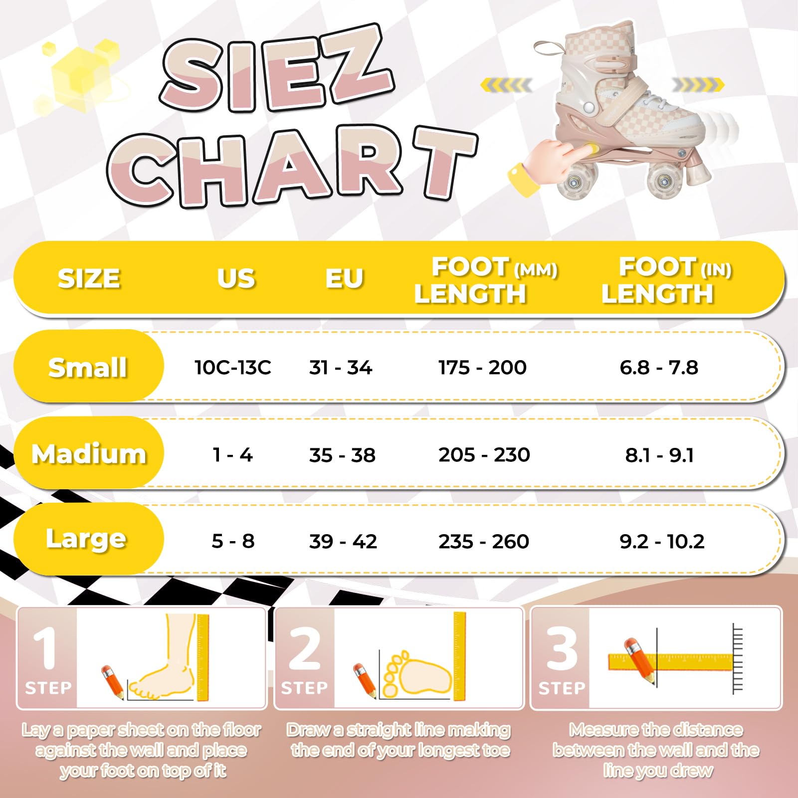 Nattork Verstellbare Rollschuhe für Kinder und Jugendliche, leuchtende Räder, Rollschuhe mit Schachbrettdesign für Jungen und Mädchen
