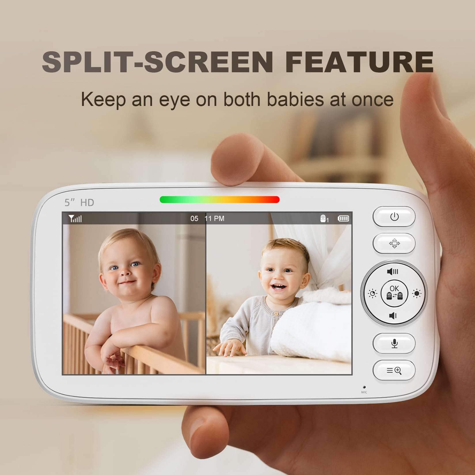 Kidsneed Monitor de bebé de pantalla dividida de 5 pulgadas con 2 cámaras HD 720P y audio, sin WiFi, 48 horas de duración de la batería, visión nocturna, panorámica, inclinación y zoom remotos