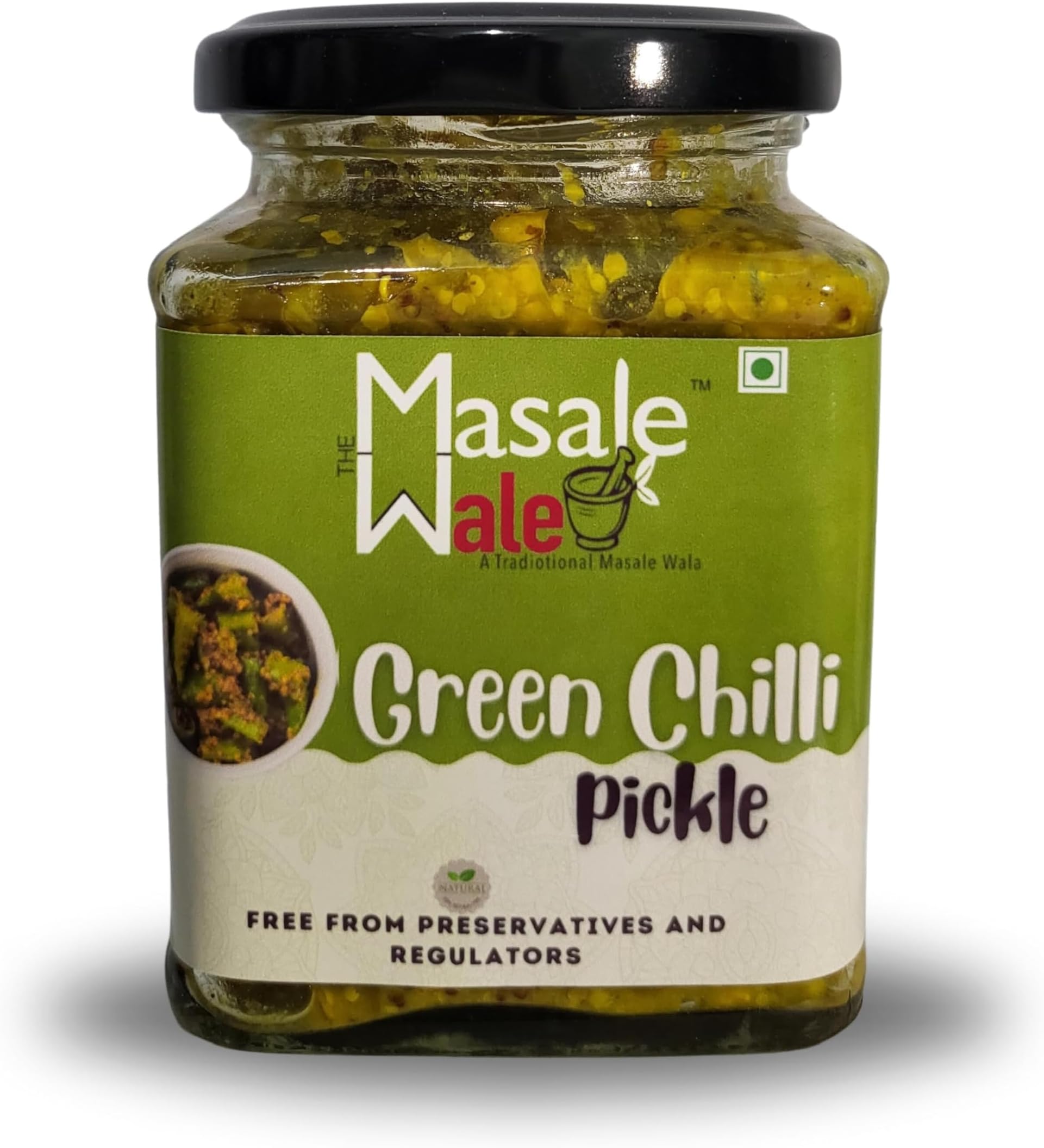 The Masalewale's Green chilli pickle | Hari Mirch aachar | Tangy and spicy | Homemade | No added preservatives and colour | Free From chemical | With Yellow Mustard Sauce | 280gm (Pack of 1)