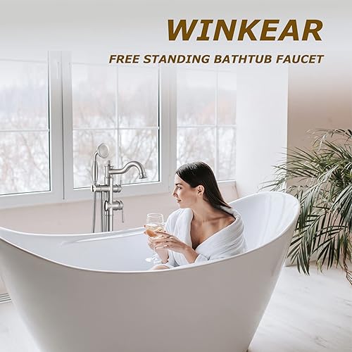 Miniatura 9 de Llenador de bañera independiente de montaje en el suelo con grifo de bañera romano de ducha de mano por acabado cromado, boquilla giratoria con