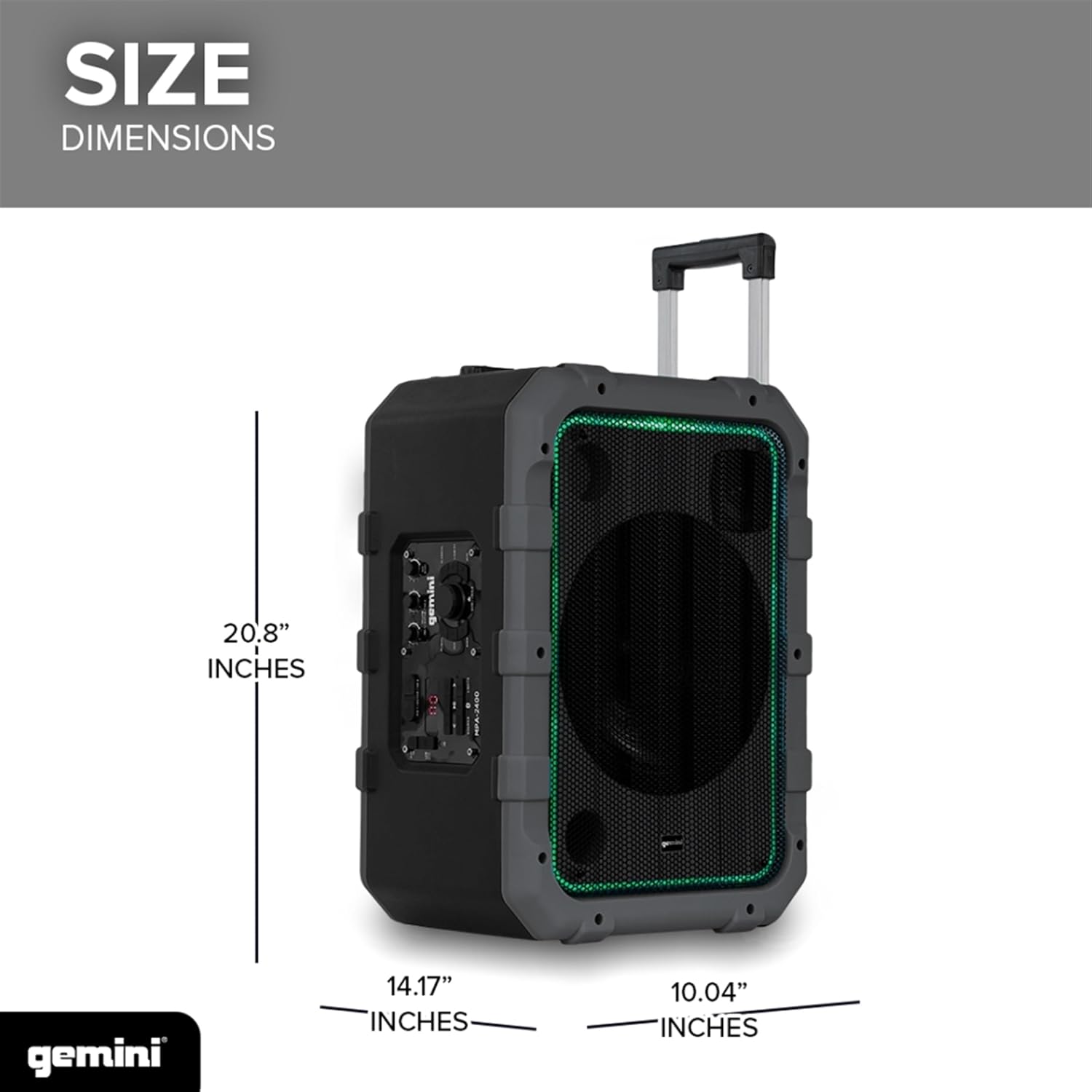 Gemini Portable Bluetooth Speaker with Wheels Party Speaker, IPX4 Water Resistant, LED Light Show, Dual Mic Inputs, Rechargeable Battery, Trolley Handle for Outdoor Events (MPA-2400) - Gray