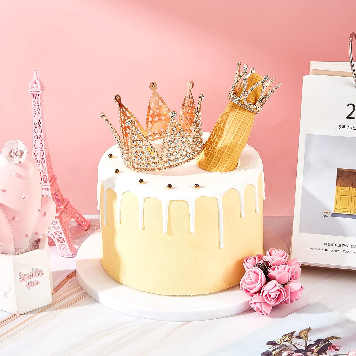 Jetec 4 Pcs Mini Crown Cake Topper Flower Bouquets Accessories, Metal Rhinestone Princess Tiara, Royal Decor for Baby Shower, Wedding, Birthday & Pets(Rose Gold,Cute Style) image 5