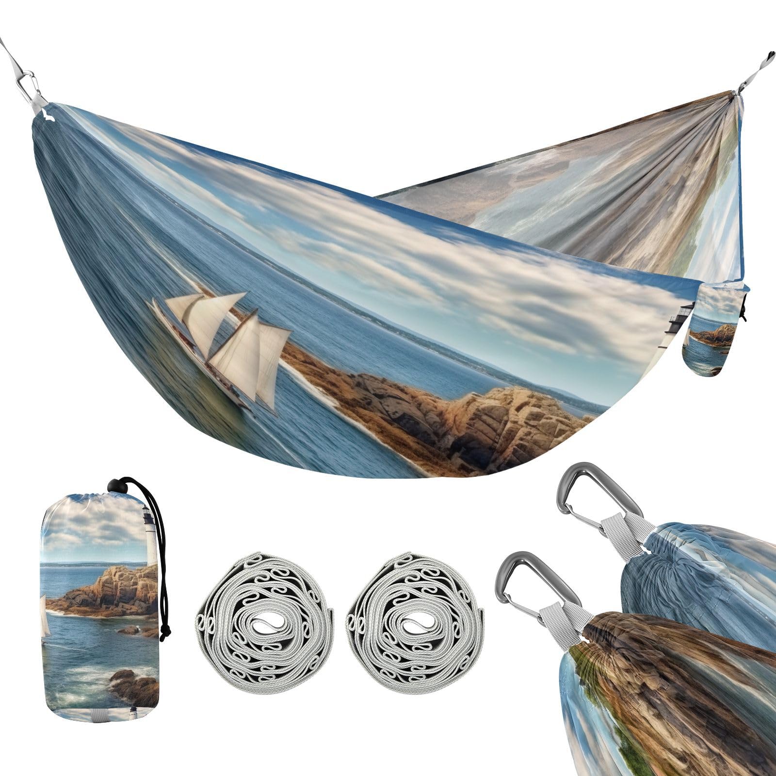 Haskirky Lighthouse Camping Hammock, Single Portable Hammocks with Tree Straps & Attached Carry Bag, 330Lbs Capacity Perfect for Outside Indoor Hiking Beach Backpack Travel
