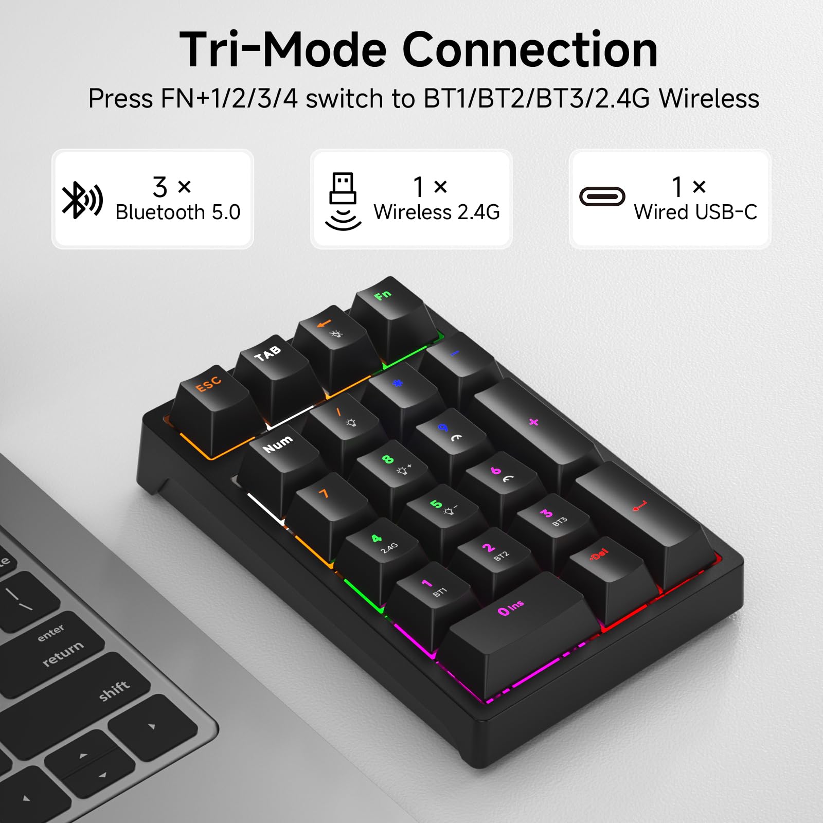 Teclado numérico mecánico con retroiluminación LED RGB de 21 teclas, teclado numérico inalámbrico 2.4G/Bluetooth 5.0/cable USB-C RGB retroiluminado teclado numérico recargable para Win/Mac