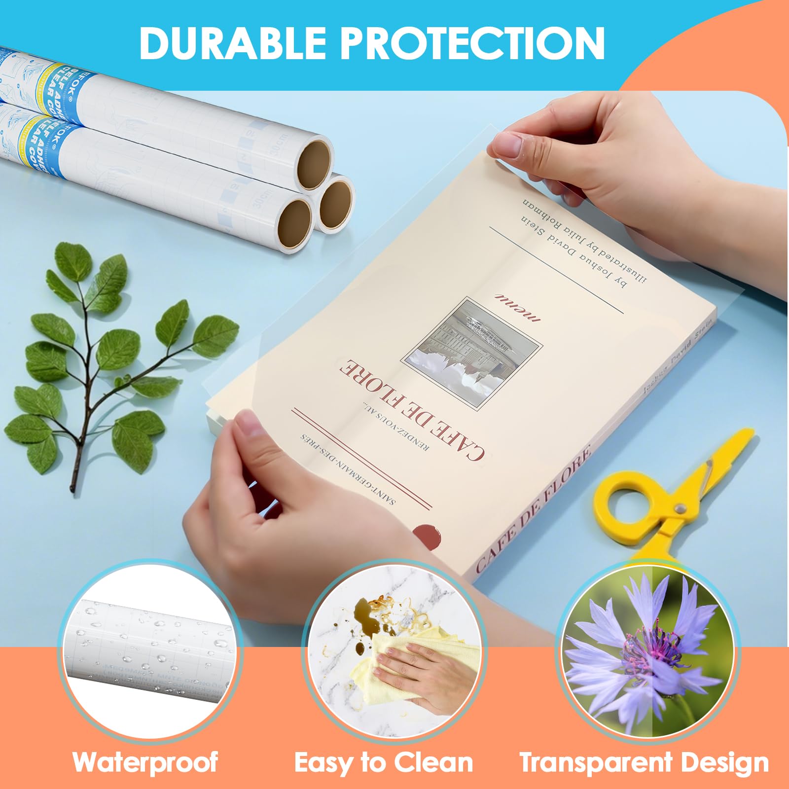 Lot de 28 couvertures de livre de papier contact transparent – 45 cm x 1,5 m au total 42,7 m – Film de protection autocollant pour travaux manuels – Rouleau de papier contact transparent à décoller et