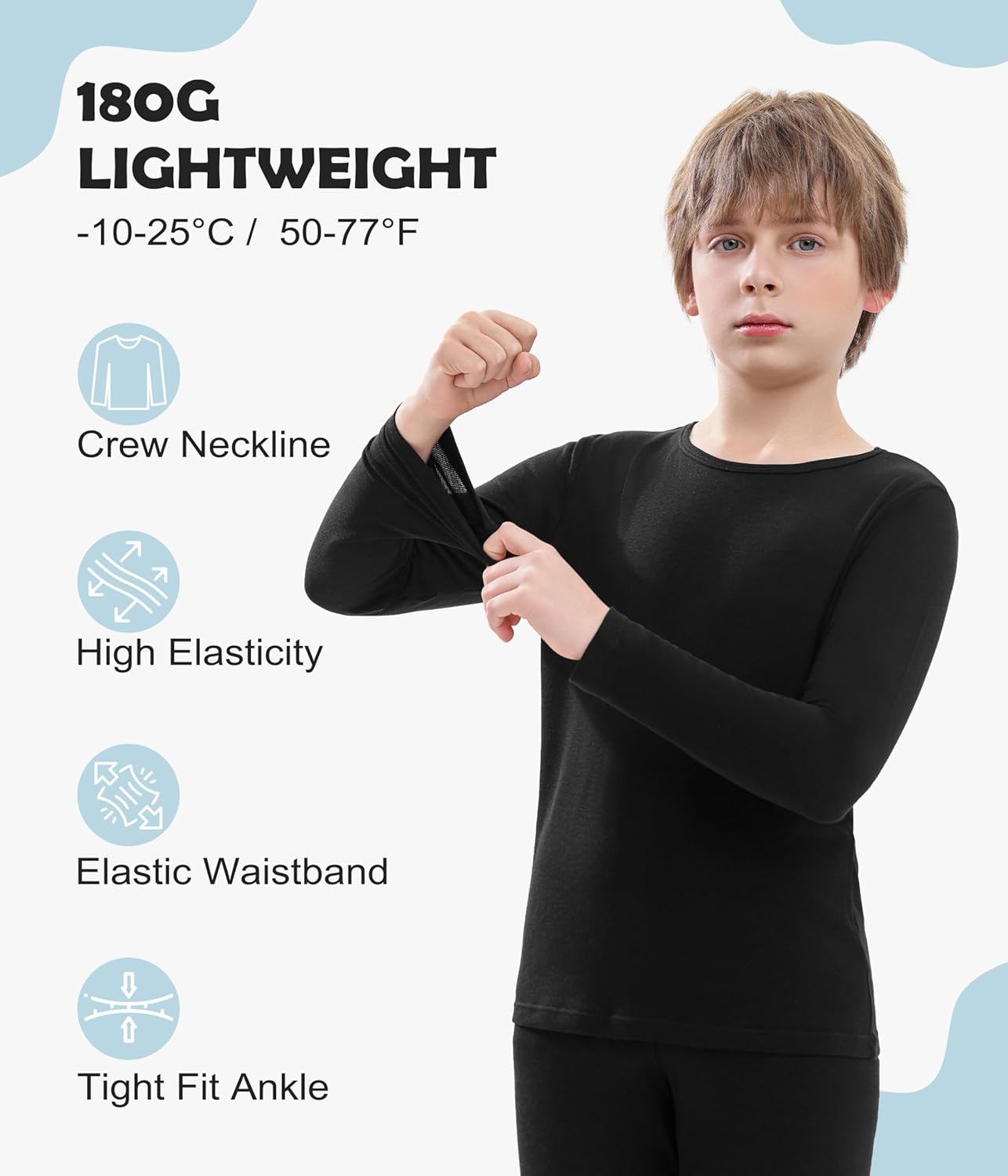 Merino Wool Base Layer Kids Set, Thermal Underwear for Unisex Kids Wool Base Layer Top Bottom - Image 2