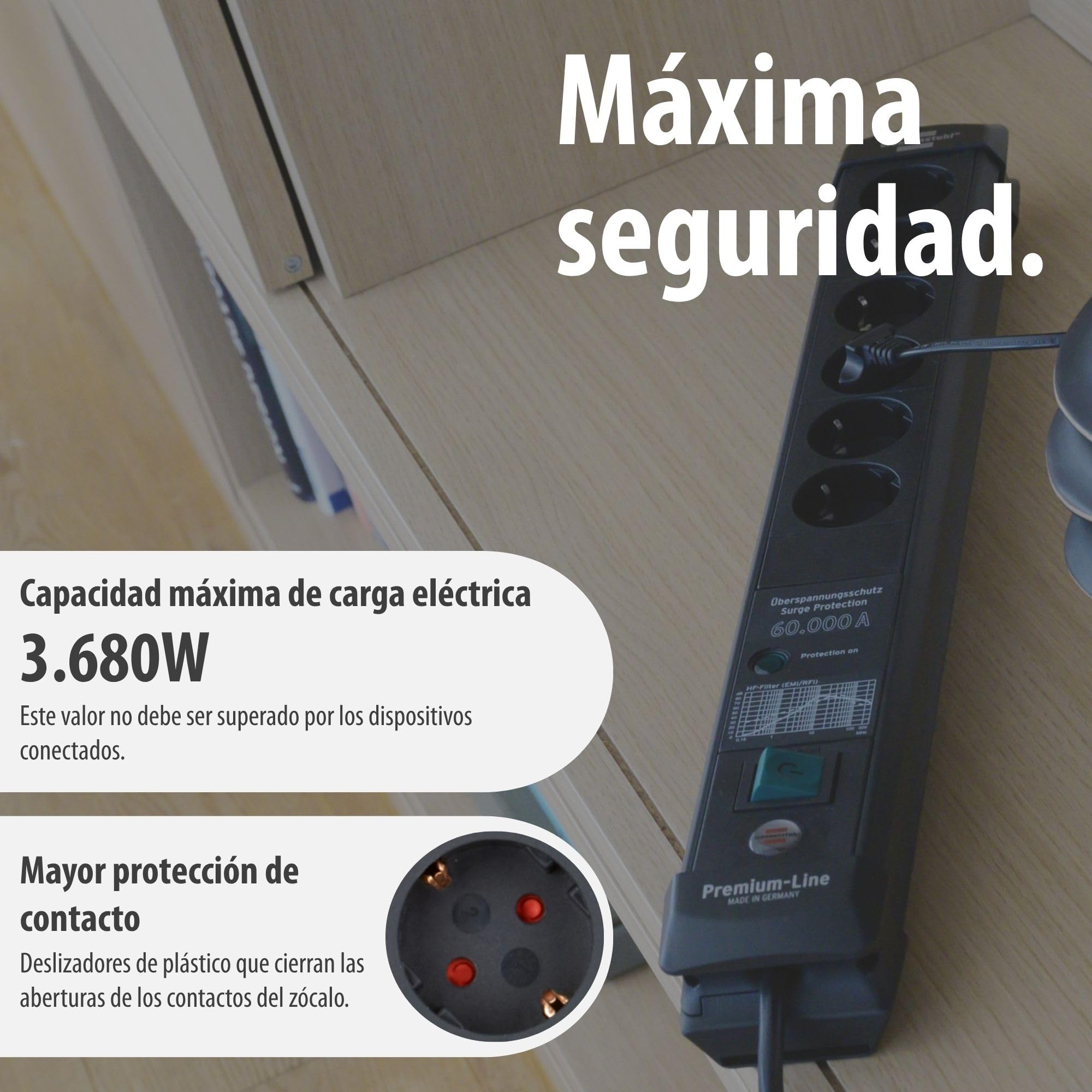 Brennenstuhl Premium-Line regleta enchufes de 6 Tomas con protección contra sobretensiones hasta 60.000 A (Cable de 5 m, Interruptor, montable, Fabricado en Alemania) Negro
