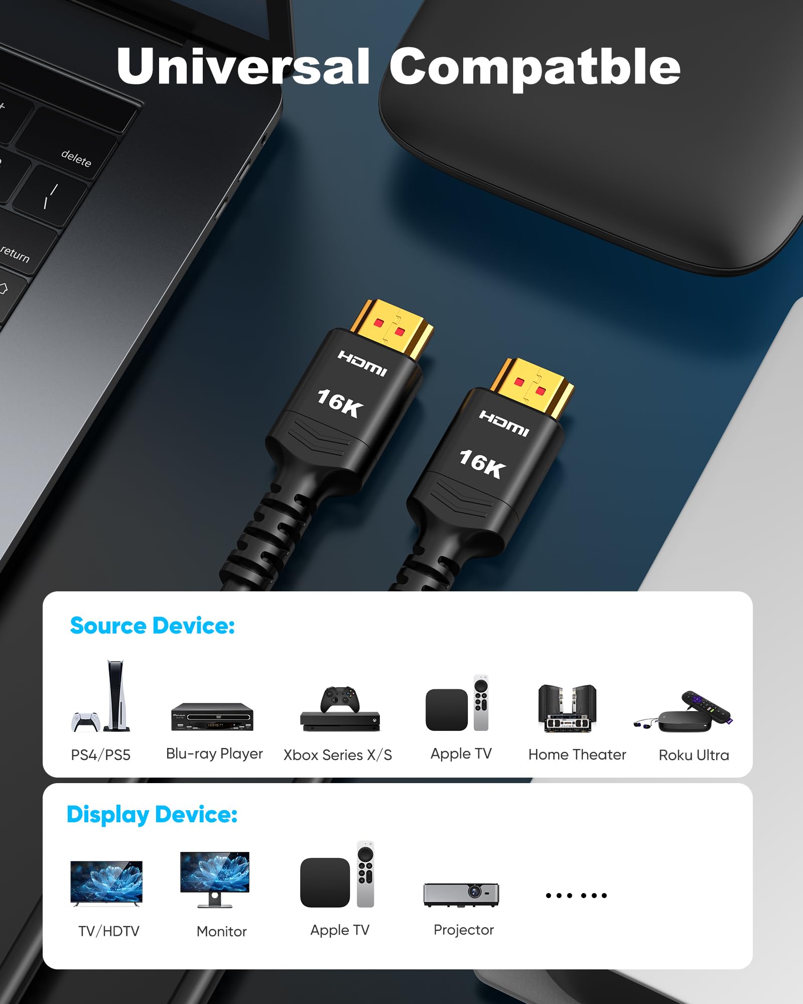Highwings Cable HDMI 16K 10K 8K 6FT, 8K @120Hz 144Hz HDMI 2.2 Cable ultra alta velocidad 96Gbps, duradero, flexible, para monitor de juegos, consola de juegos, tarjeta gráfica, medios de transmisión