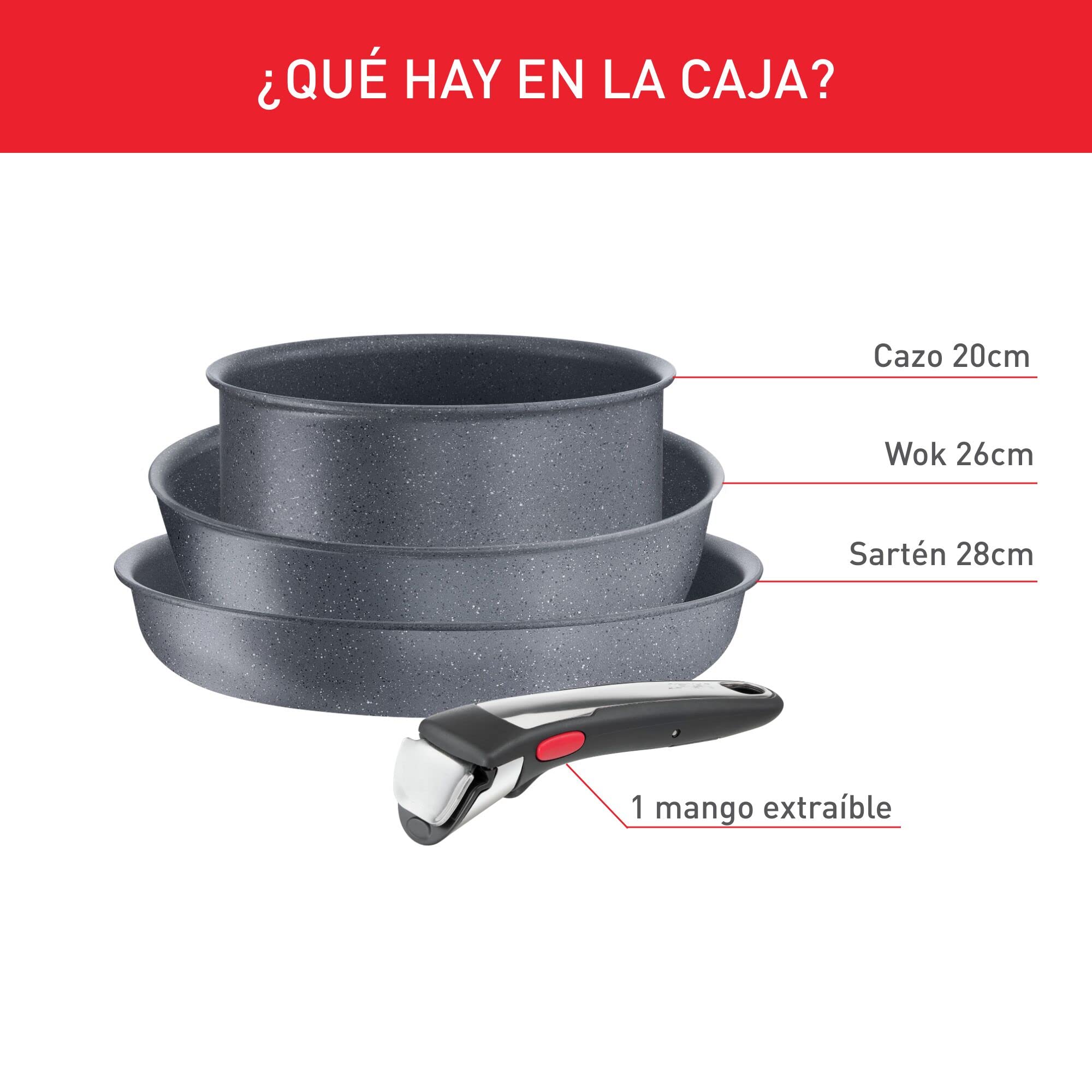 Tefal Ingenio Natural On - Juego de Sartén 28 cm + Cazo 20 cm + Wok 26 cm + Mango extraíble, Apto inducción, antiadherentes, revestimiento titanio, apto lavavajillas y horno