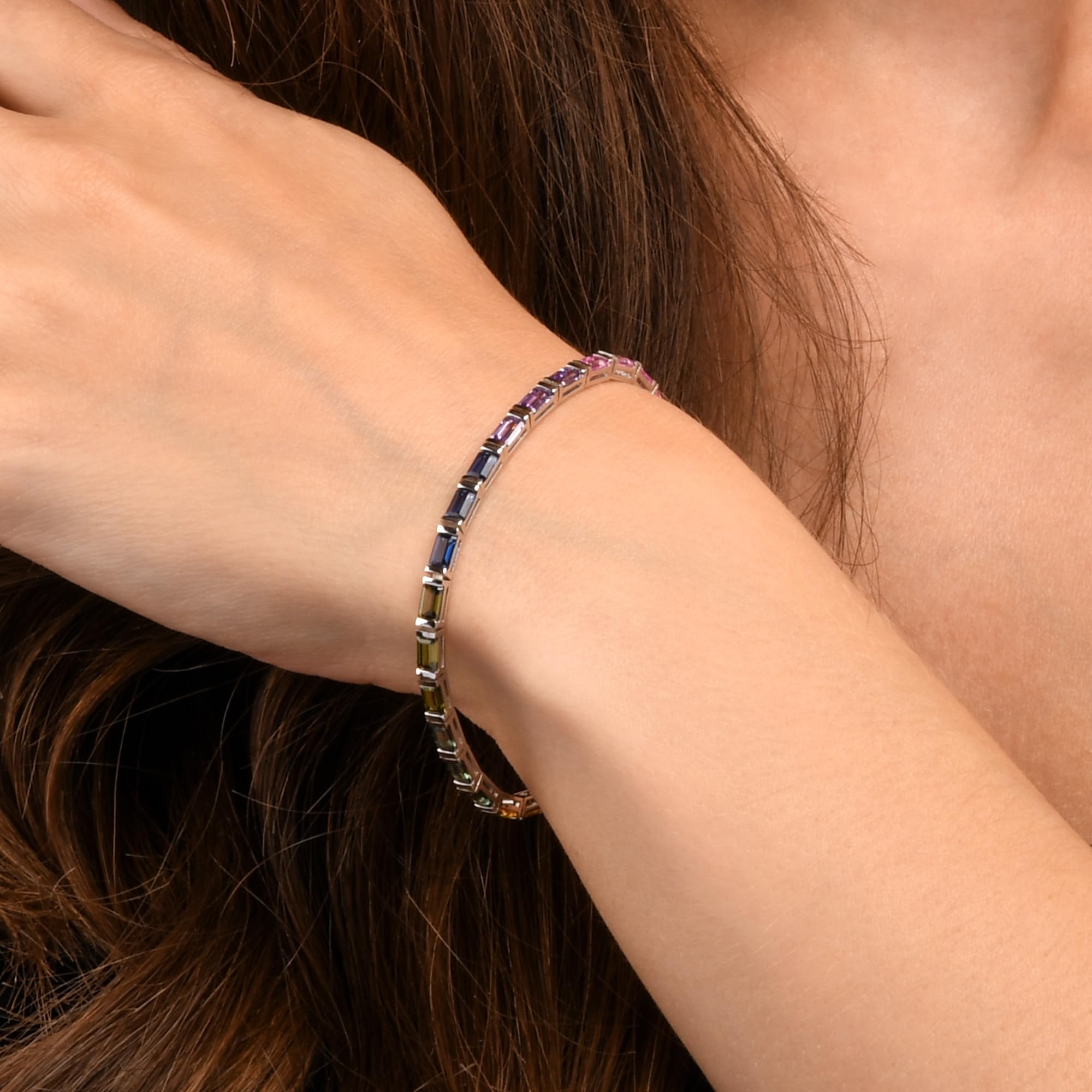 Diamond Treats Bracciale Tennis Donna Argento 925 Arcobaleno con Zirconi Baguette 3x5 mm Multicolore, Braccialetto Elegante Lusso con Chiusura a Scatola Nascosta, Gioiello Donna Colorato Regalo