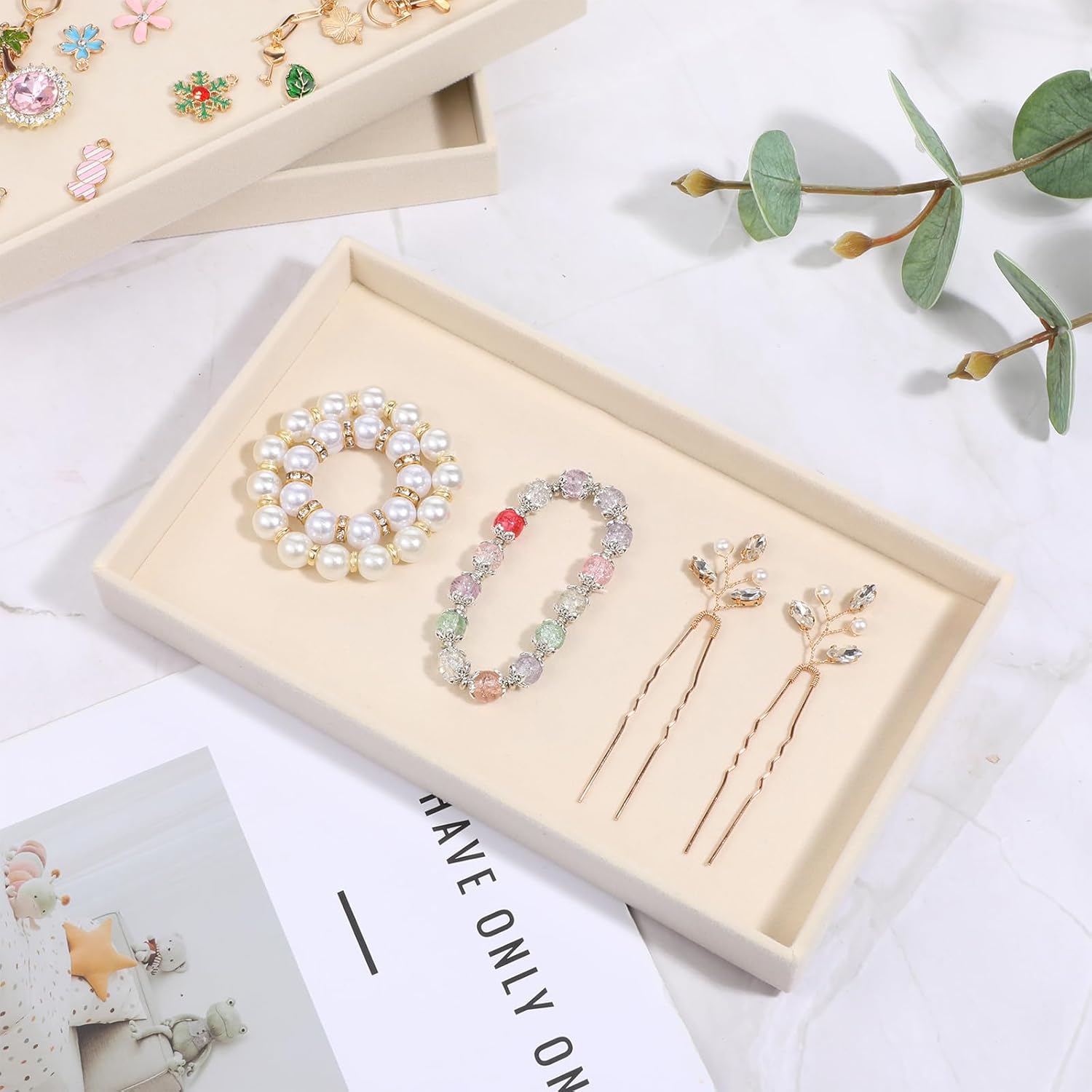 12 Pcs Velvet Jewelry Tray, 8.3x5x1 Inches Stackable Jewelry Drawers Organizer Trays JewelryStorage Display Trays for Necklace, Earring, Ring, Bracelet (Beige)