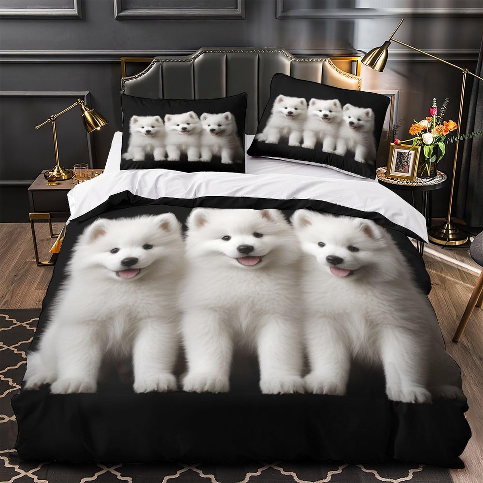 Housse de couette microfibre résistante et respirante imprimé chiots blancs 3D