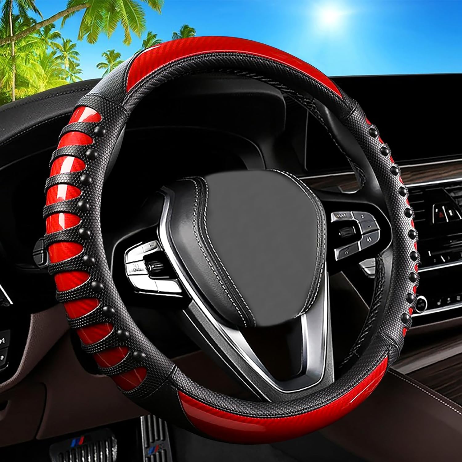 3D Massage Red Carbon Fiber Leather Steering Wheel Cover, 14.5-15 Inch Non-Slip Breathable Microfiber Car Steering Wheel Protector 3D Massage - Sports Red