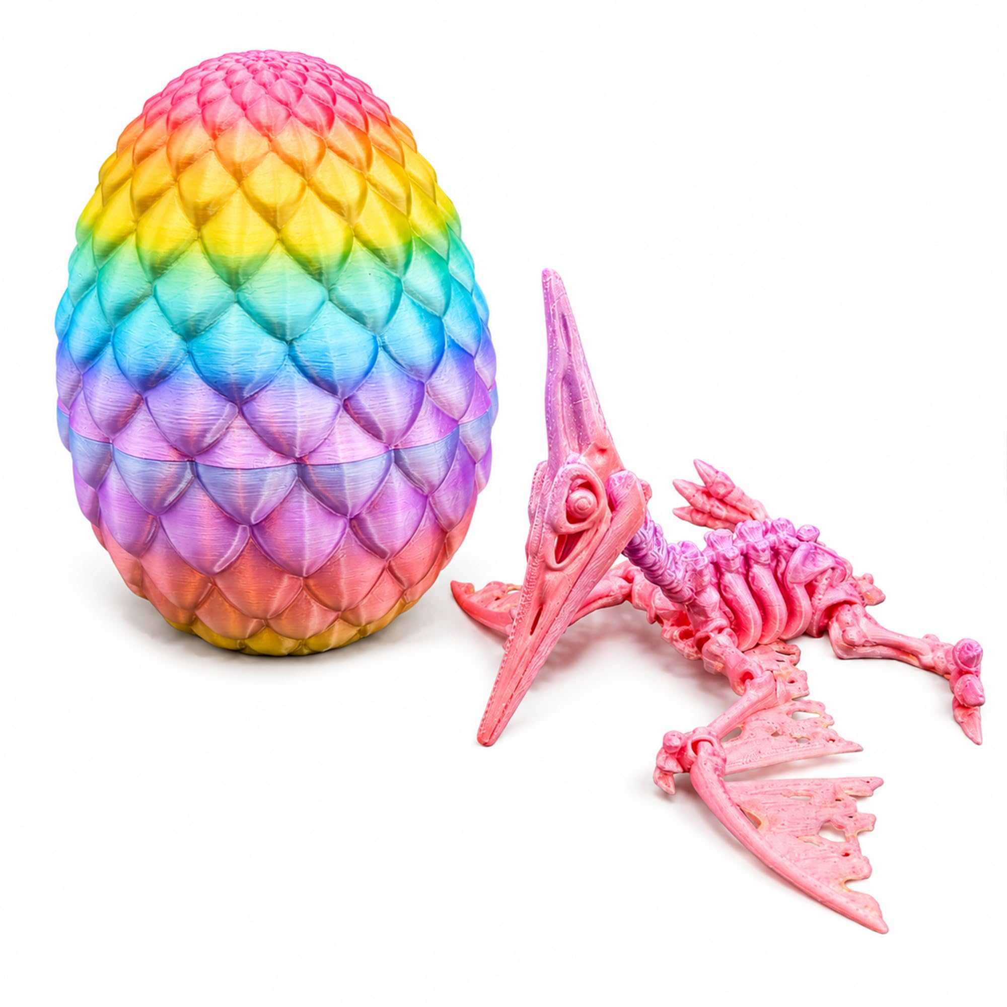 3D Printed Pterodactyl Skeleton Figure – Articulated Flying Dinosaur Toy with Movable Wings – Poseable Pterosaur Model with Dragon Egg, Prehistoric Reptile Collectible for Kids & Adults - Rainbow