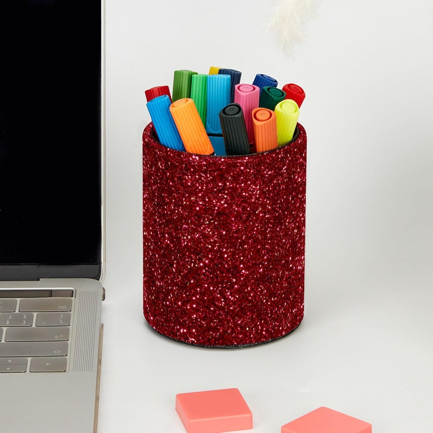 Burgundy Glitter Leather Pencil Holder for Desk, Cylindrical Pen Cup Desk Organizer, Sturdy Scratch-Resistant Desk Accessories for Office, School Classroom, Home Office, Vanity Makeup Storage image 5