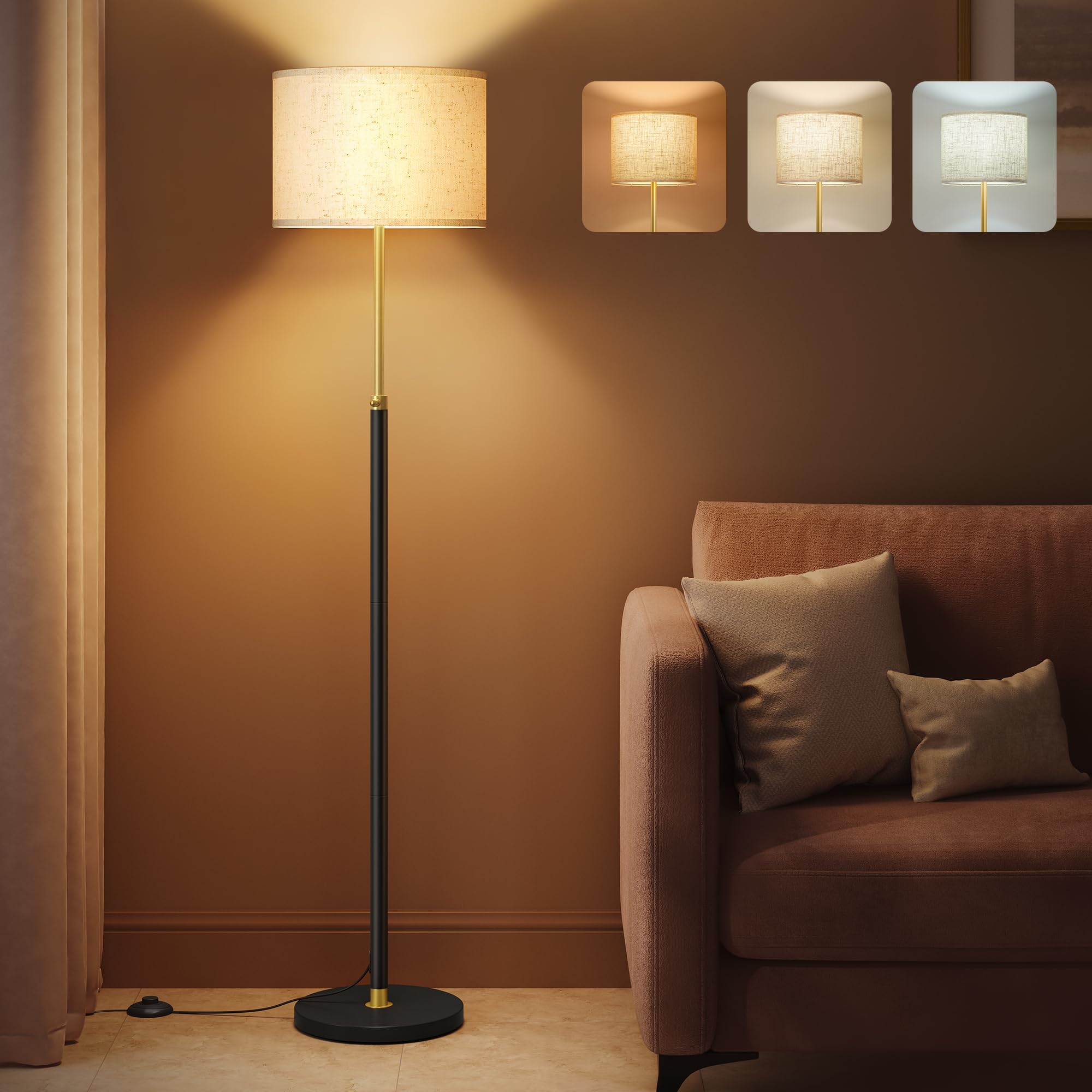 VASAGLE Floor Lamp for Living Room, Adjustable Height 140-170 cm, Modern Standing Lamp with Foot Switch, Fabric Lampshade, E27 Socket, Gold and Black LFL002B03