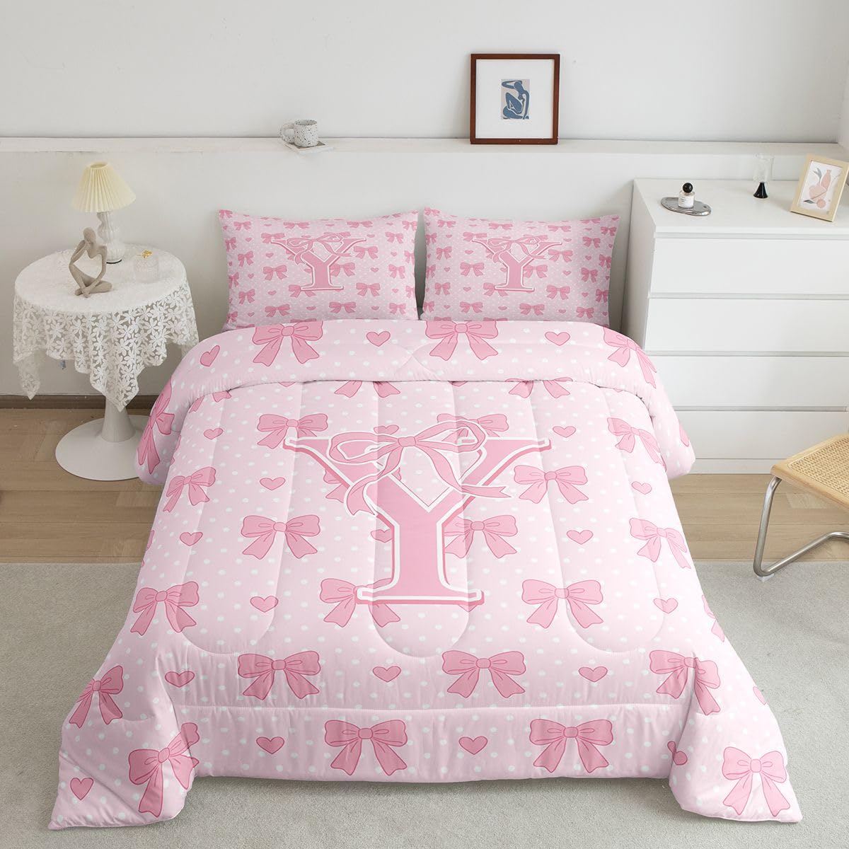 Loussiesd Urocza różowa kokarda zestaw kołdry podwójny rozmiar monogram zestaw pościeli spersonalizowany inicjał Y kołdra kawaii kokarda węzeł sypialnia dekoracja marzycielski styl