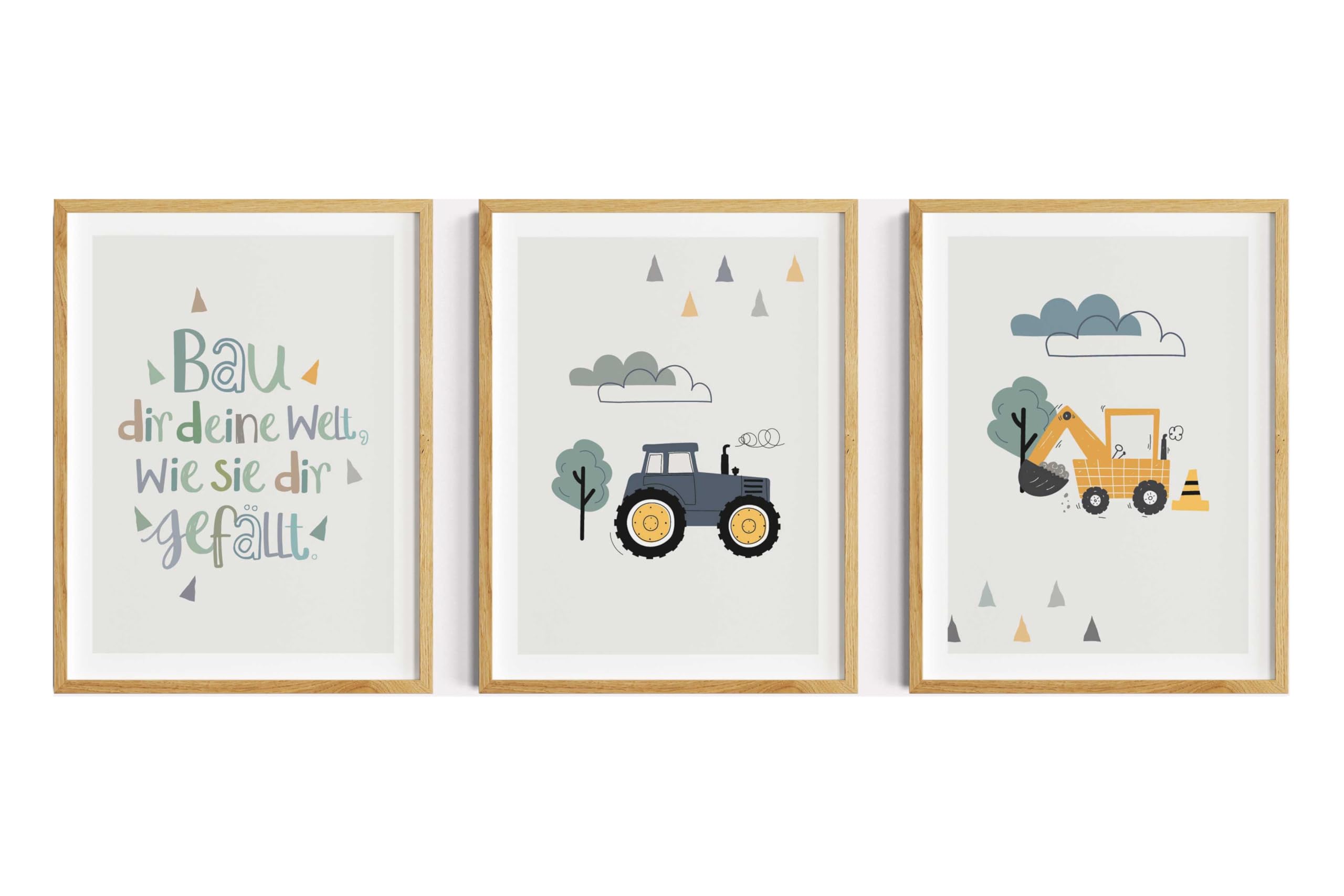 Generisch Kinderzimmer Bilder Junge, skandinavische Wanddeko mit Fahrzeugen; einem Traktor, Kinderspruch, Bagger als 3er Set ohne Rahmen (Grauer Hintergrund mit weißen Rand, 21x30 cm)