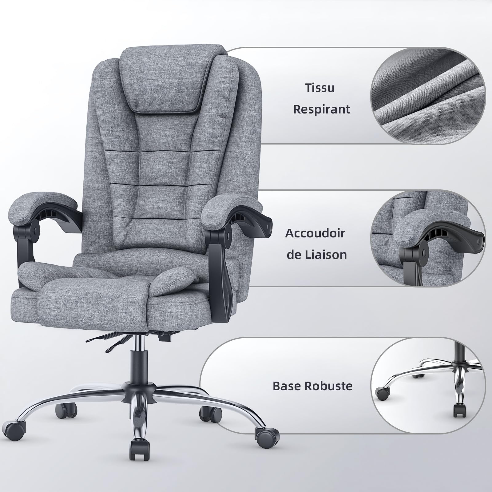 naspaluro Fauteuil Bureau, Chaise Ergonomique avec Large Assise Rembourrée, Siège de Bureau Inclinable Hauteur Réglable, Roulette Silencieuse, Coton et Lin, Gris