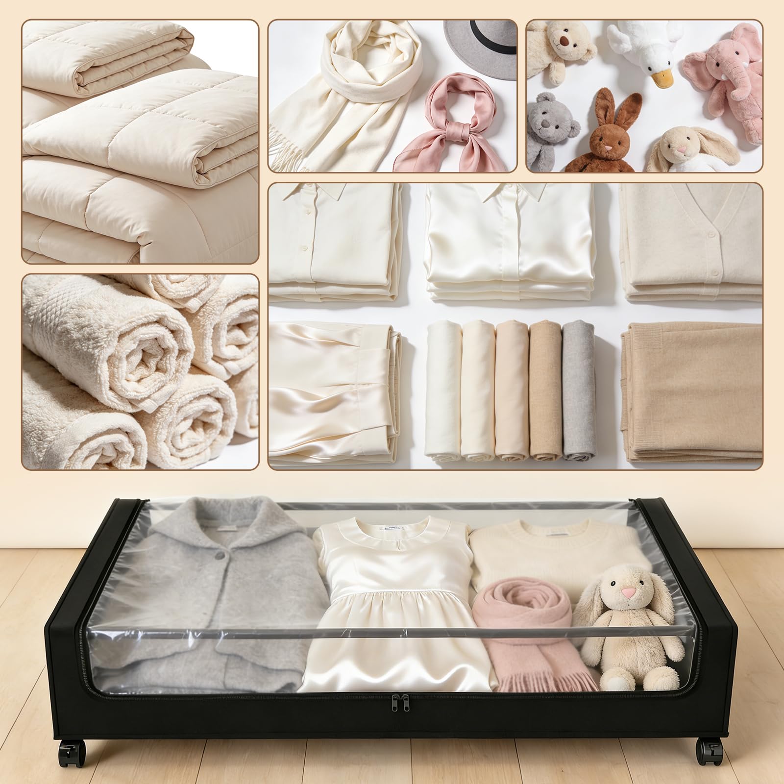Sekey 2 Stück 50L Unterbett-Aufbewahrungsbox mit Rollen, Kleiderschrank Organizer Aufbewahrungstasche, Metallrahmen & Durchsichtigem Deckel, Rollbare Bettkasten für Kleidung/Bettwäsche, Schwarz