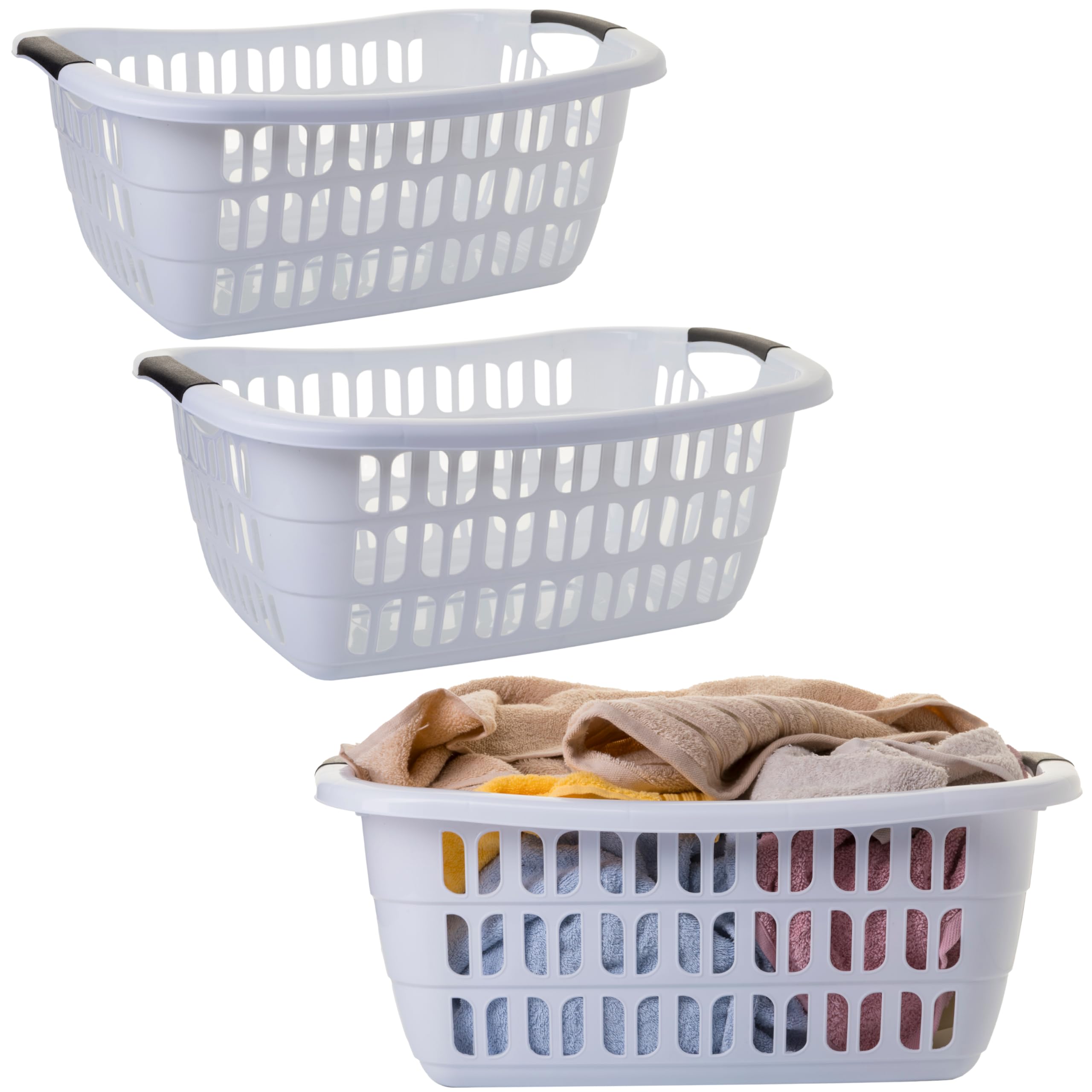 Wäschewanne 3er Set Weiß 30L | Wäschekorb Plastik Set Günstig | Plastik Wäschekorb Stapelbar 55x37x20cm | Belüftet Ergonomische Griffe