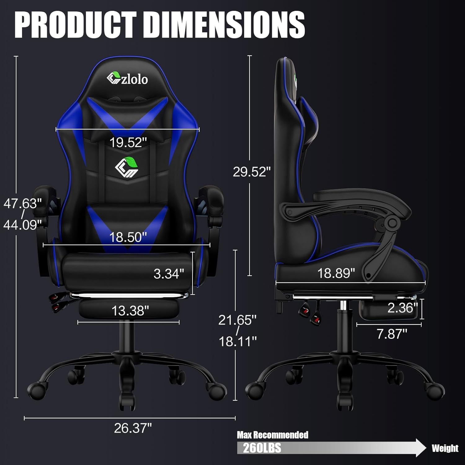 Detailed product dimensions of the Czlolo Gaming Chair
