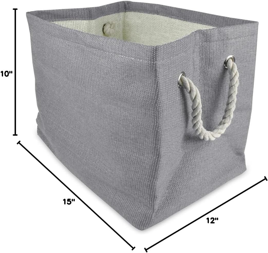DII Durable Woven Striped Storage Bin Collapsible with Soft Rope Handles Reinforced with Metal Grommets, Medium, 15x10x12, Solid Gray