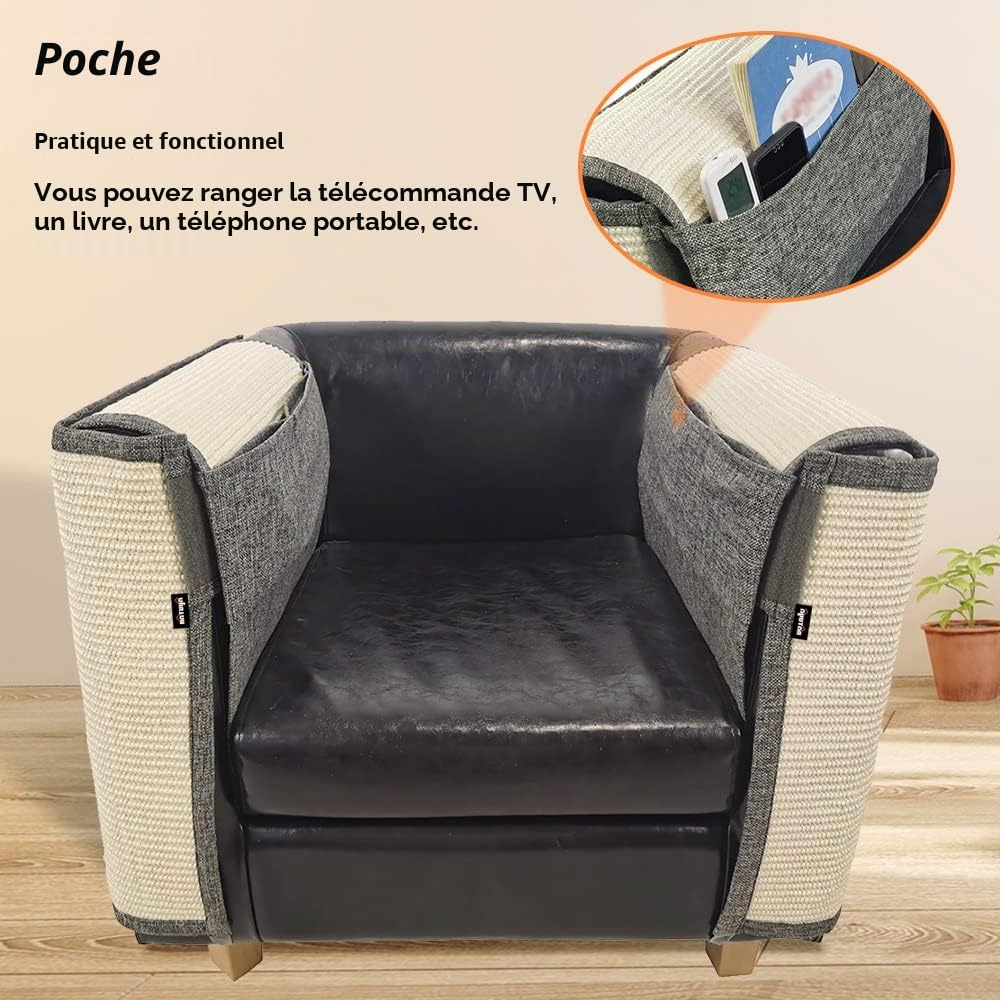 NATUYA Protecteurs de Meubles de Cats-Cat - Coussin dissuasif Contre Les griffures - Coussin de canapé Extensible et Anti-Rayures (Gris Foncé, Accoudoir en Sisal - Droite)