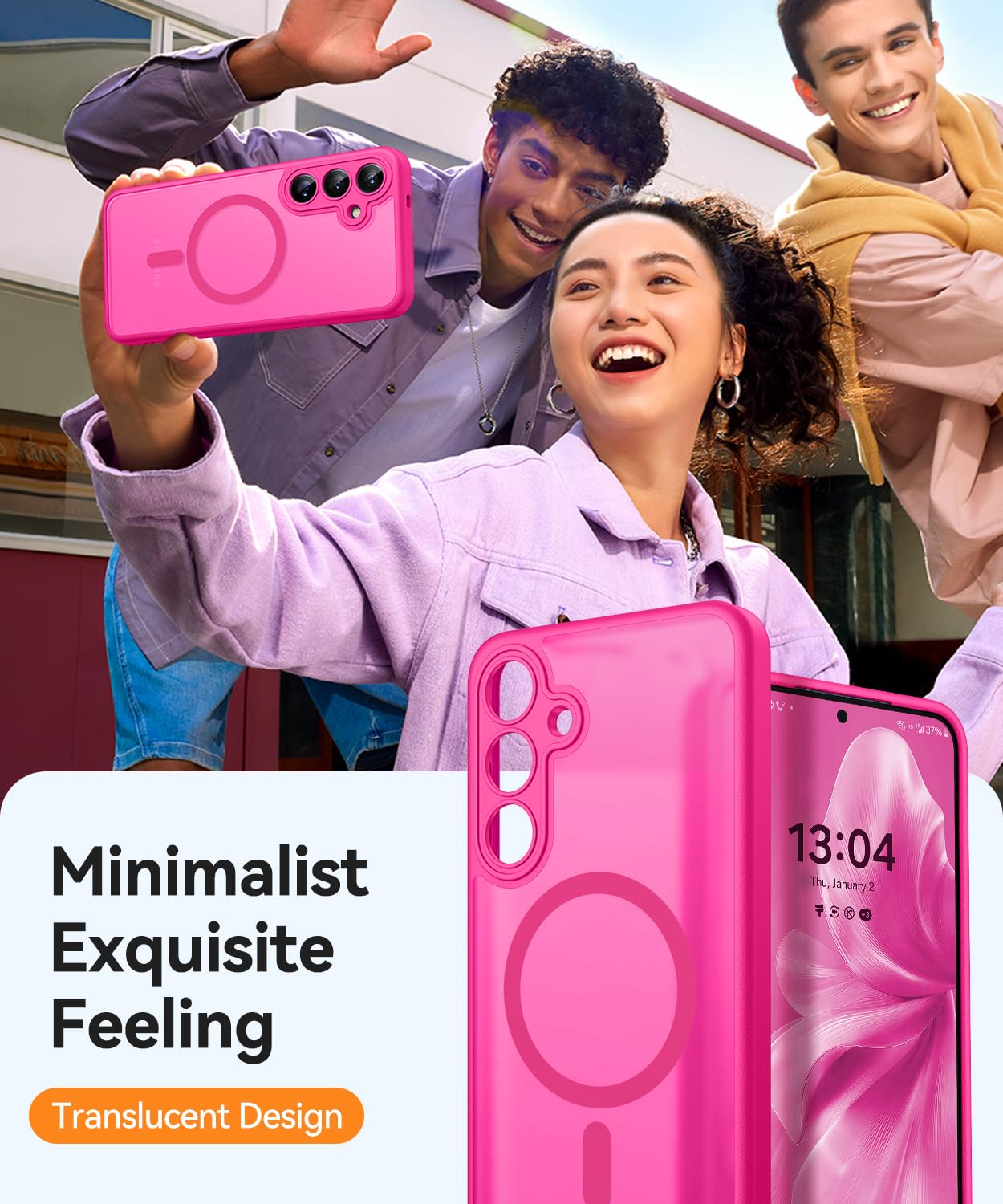 CANSHN Magnetica Cover per Samsung Galaxy S25 Plus (6.7 Pollici), [Protezione Completa Della Fotocamera] Custodia Traslucida Opaca Protettiva Sottile Antiurto,Rosa Calda